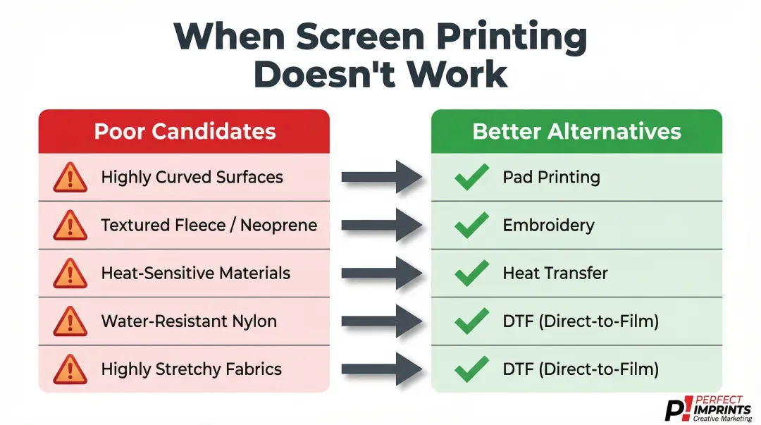 Screen printing incompatible surfaces and recommended alternative decoration methods