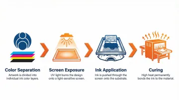 4-step screen printing process from color separation to curing infographic
