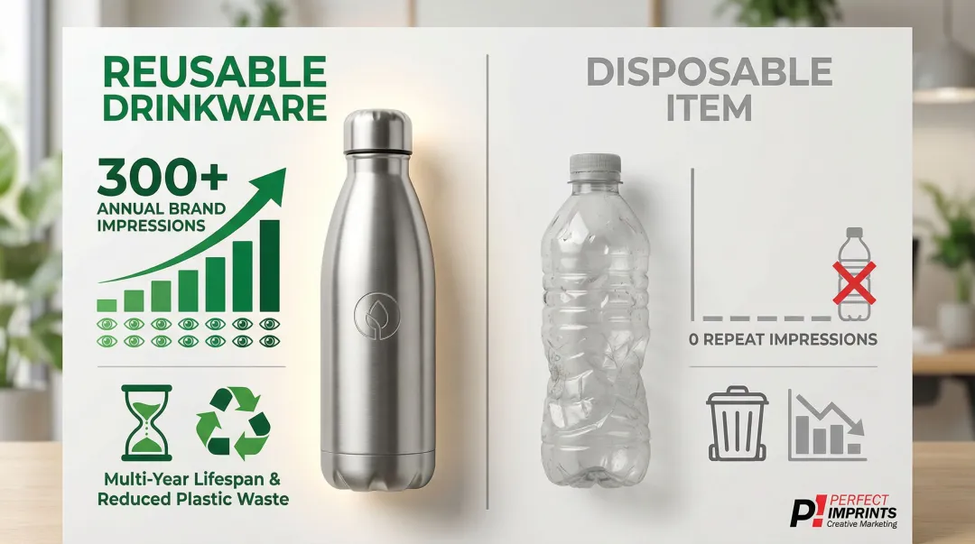 Reusable bottle generating 300-plus annual brand impressions versus disposable item infographic