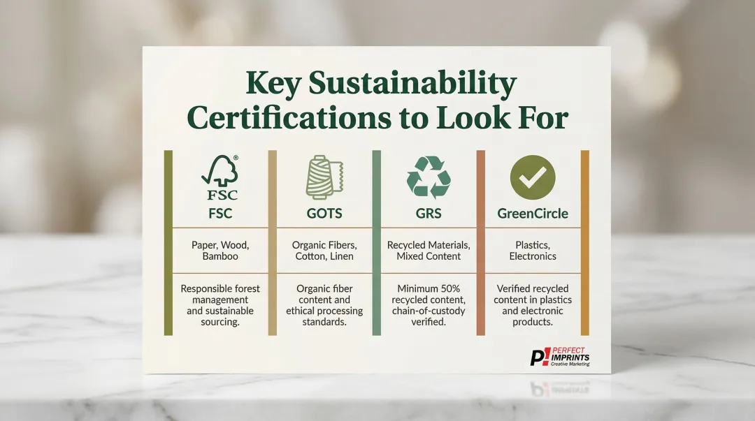 FSC GOTS GRS GreenCircle sustainability certification comparison table for corporate gifts