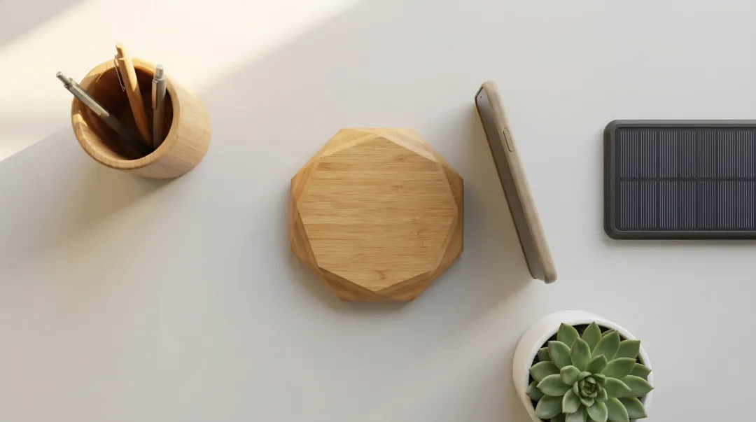 Bamboo wireless charging pad and solar charger sustainable tech accessories on desk