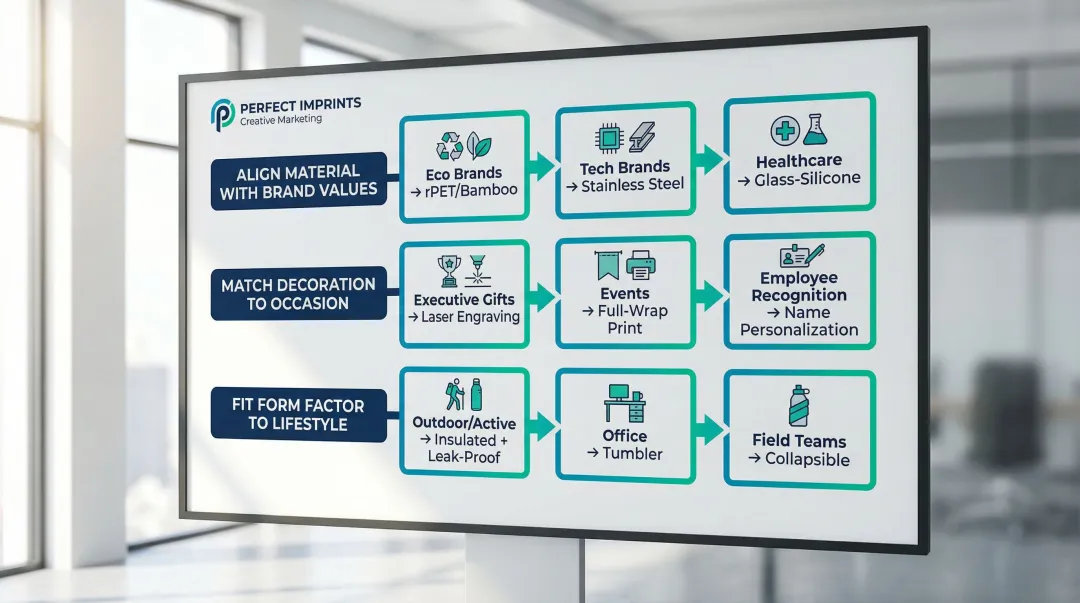 Branded drinkware selection decision framework matching audience material and decoration type
