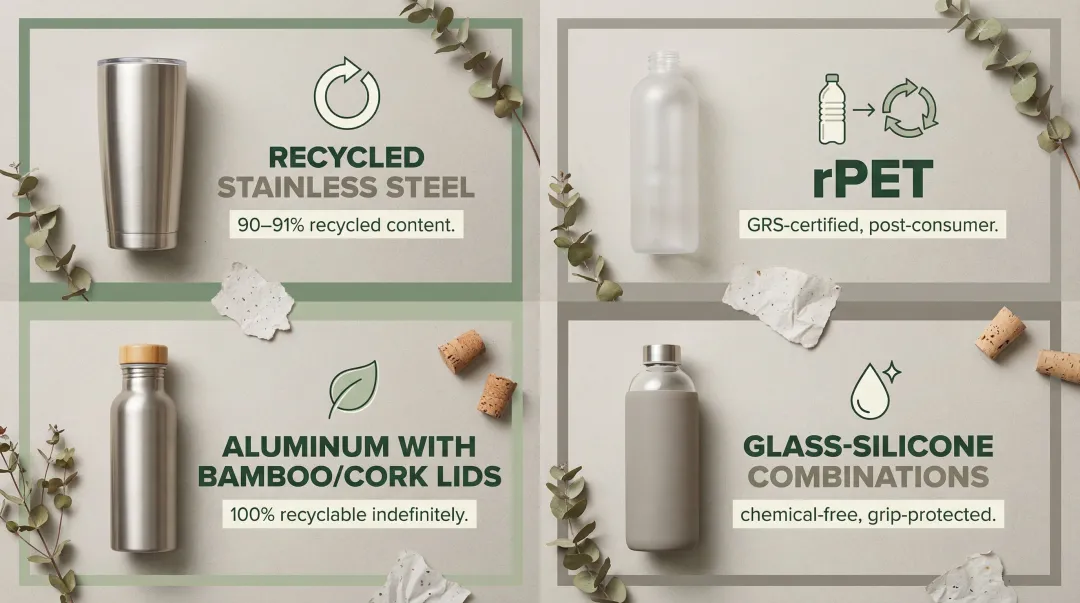 Four sustainable drinkware materials comparison infographic for 2026 promotional products