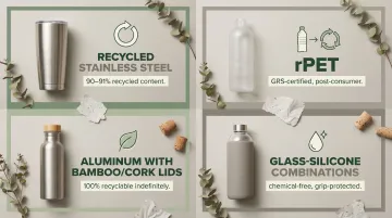 Four sustainable drinkware materials comparison infographic for 2026 promotional products