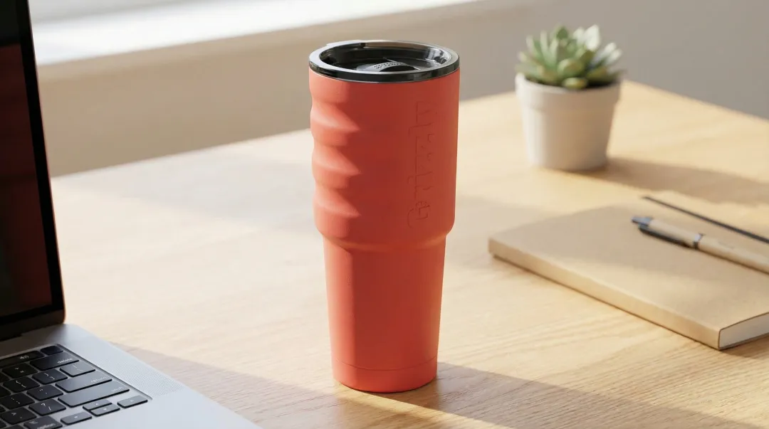 Branded insulated tumbler with ergonomic handle contoured grip and slip-resistant base