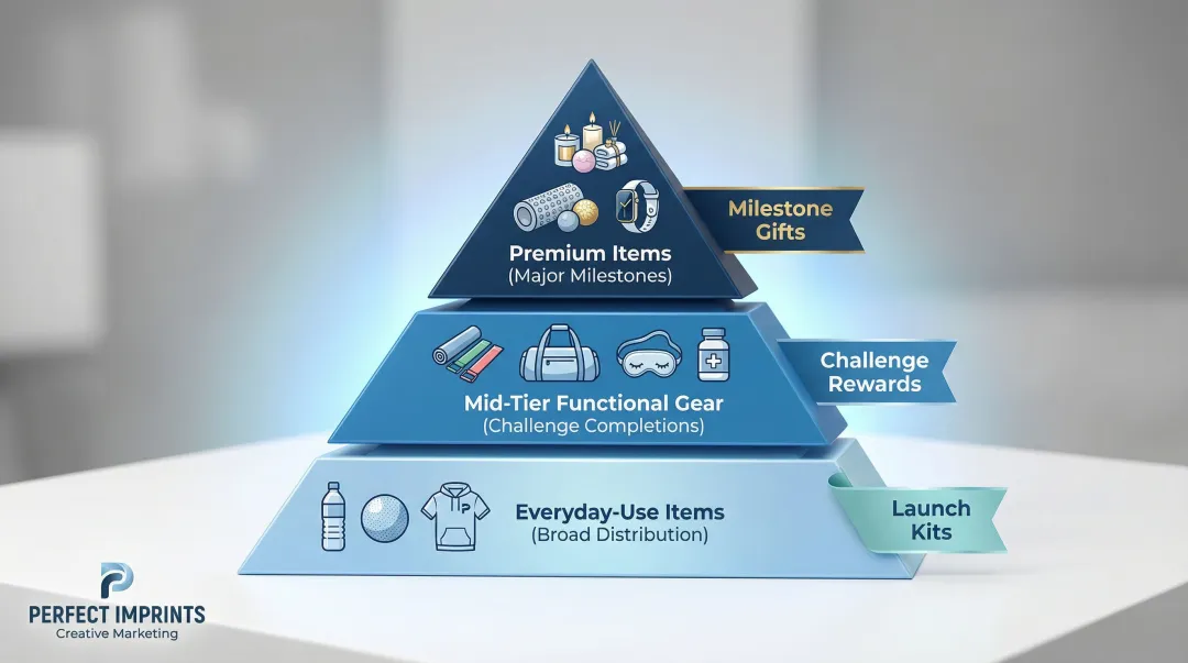 Three-tier wellness promotional product strategy from everyday items to premium milestone gifts