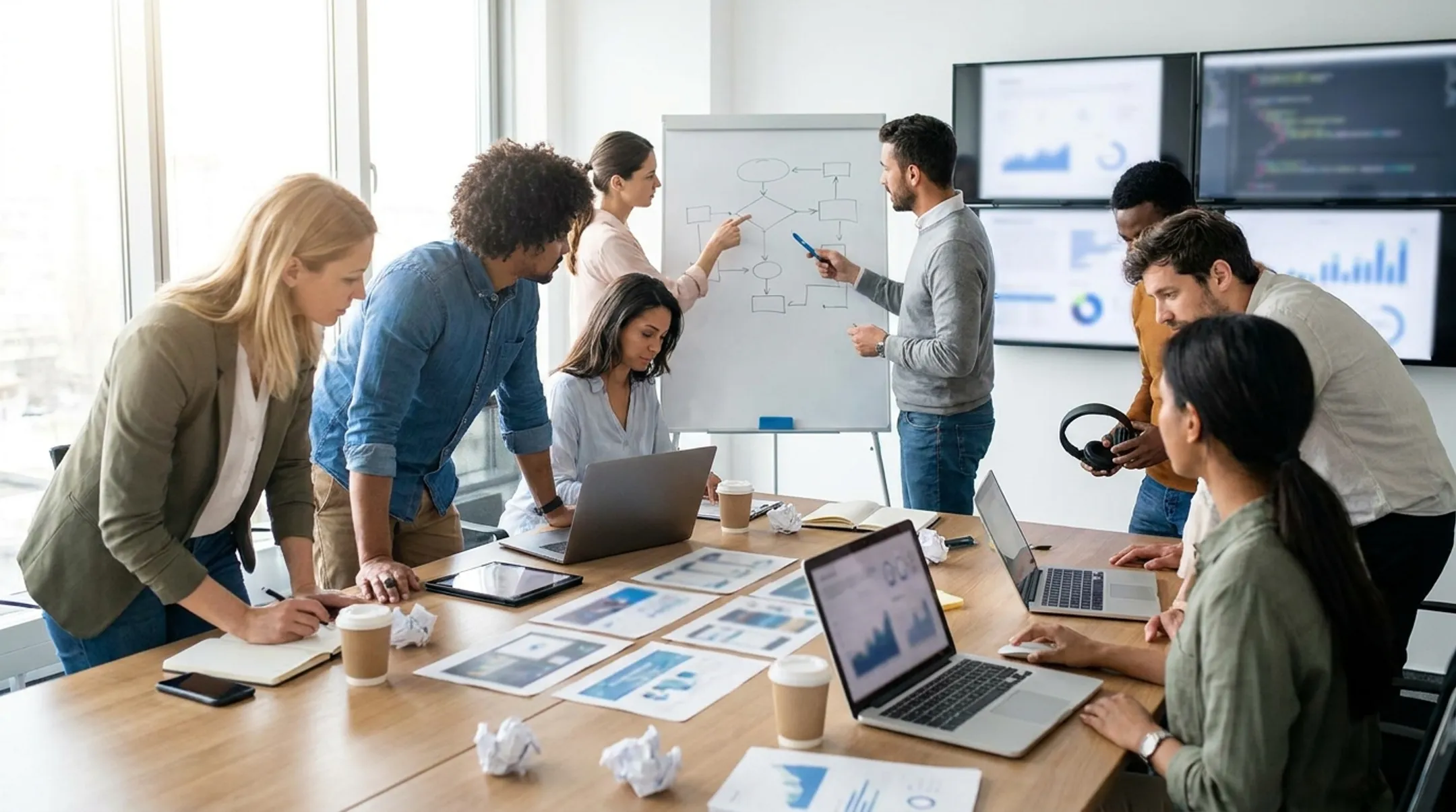 Performance marketing team reviewing multi-channel campaign outcomes together