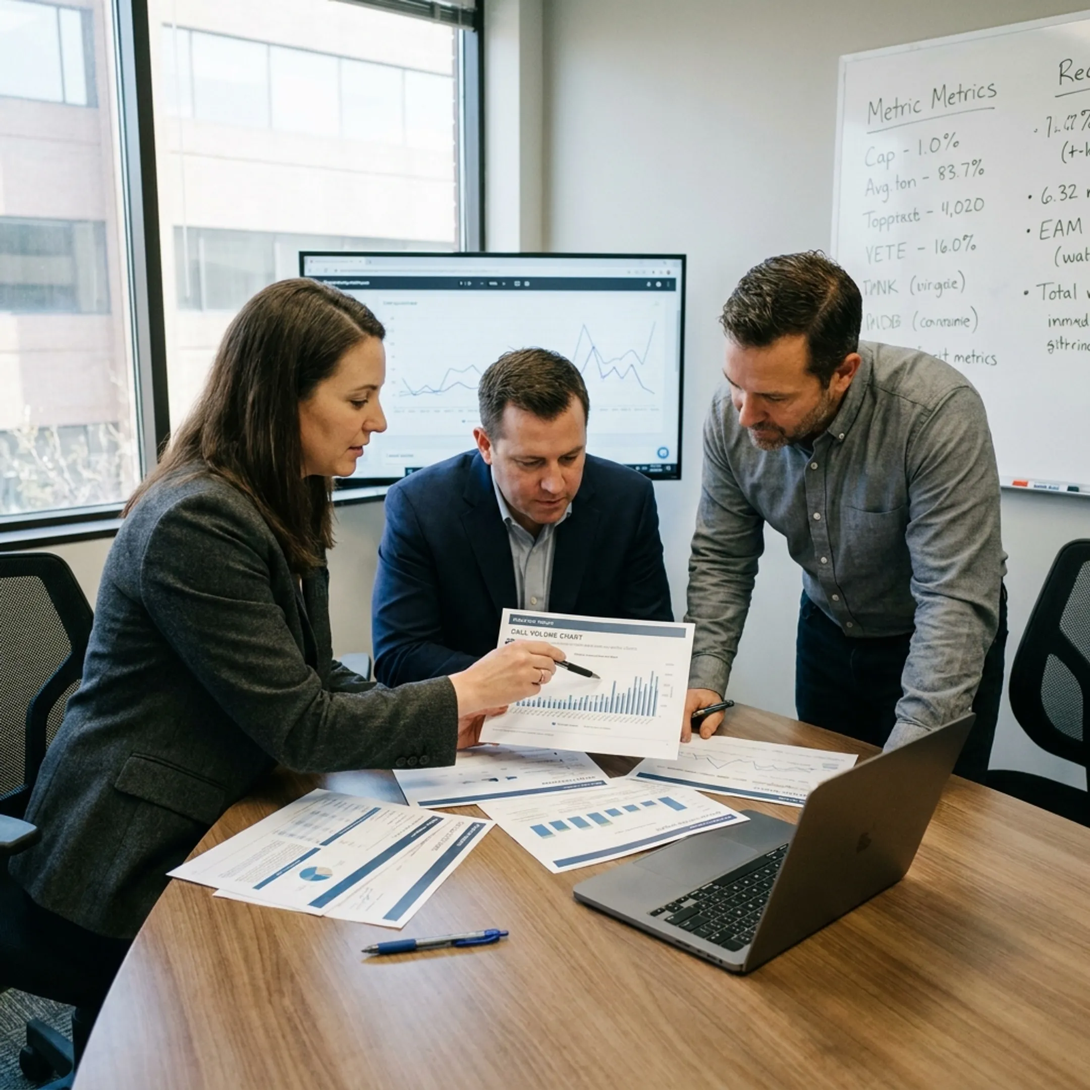 Strategists reviewing a performance-based offline marketing campaign