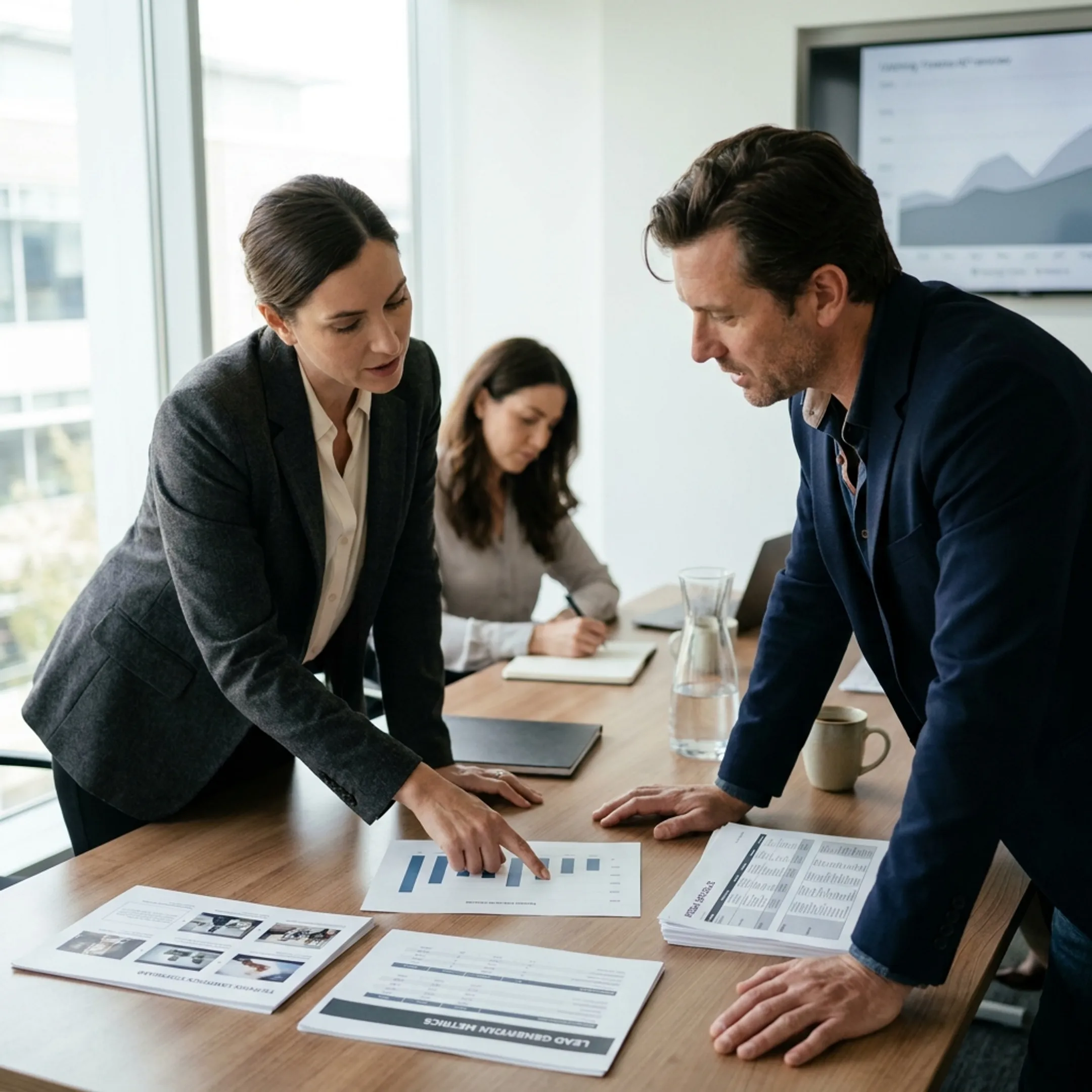 Advertising strategist reviewing a television media campaign with performance charts