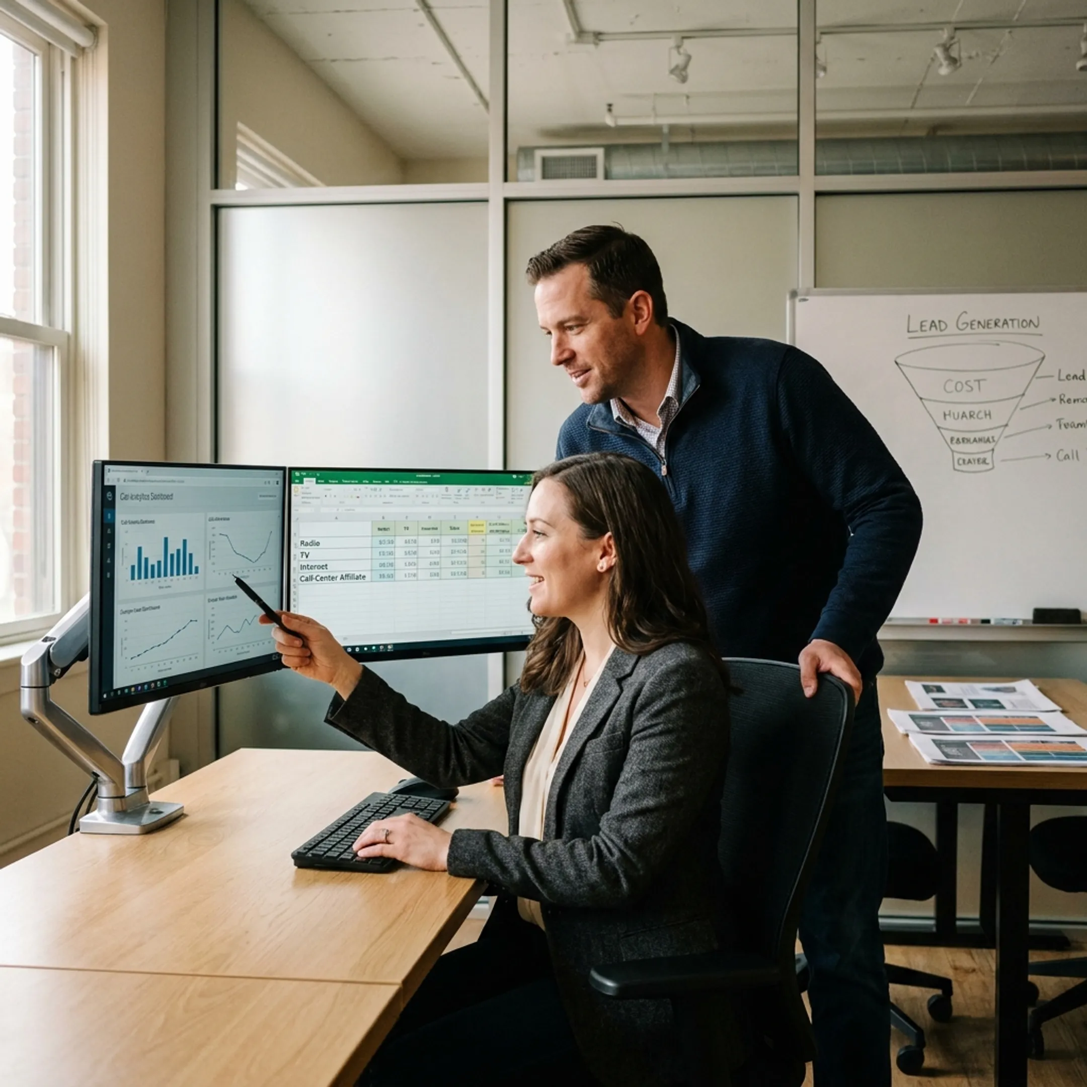 Marketing team reviewing multi-channel media campaign performance on digital dashboards