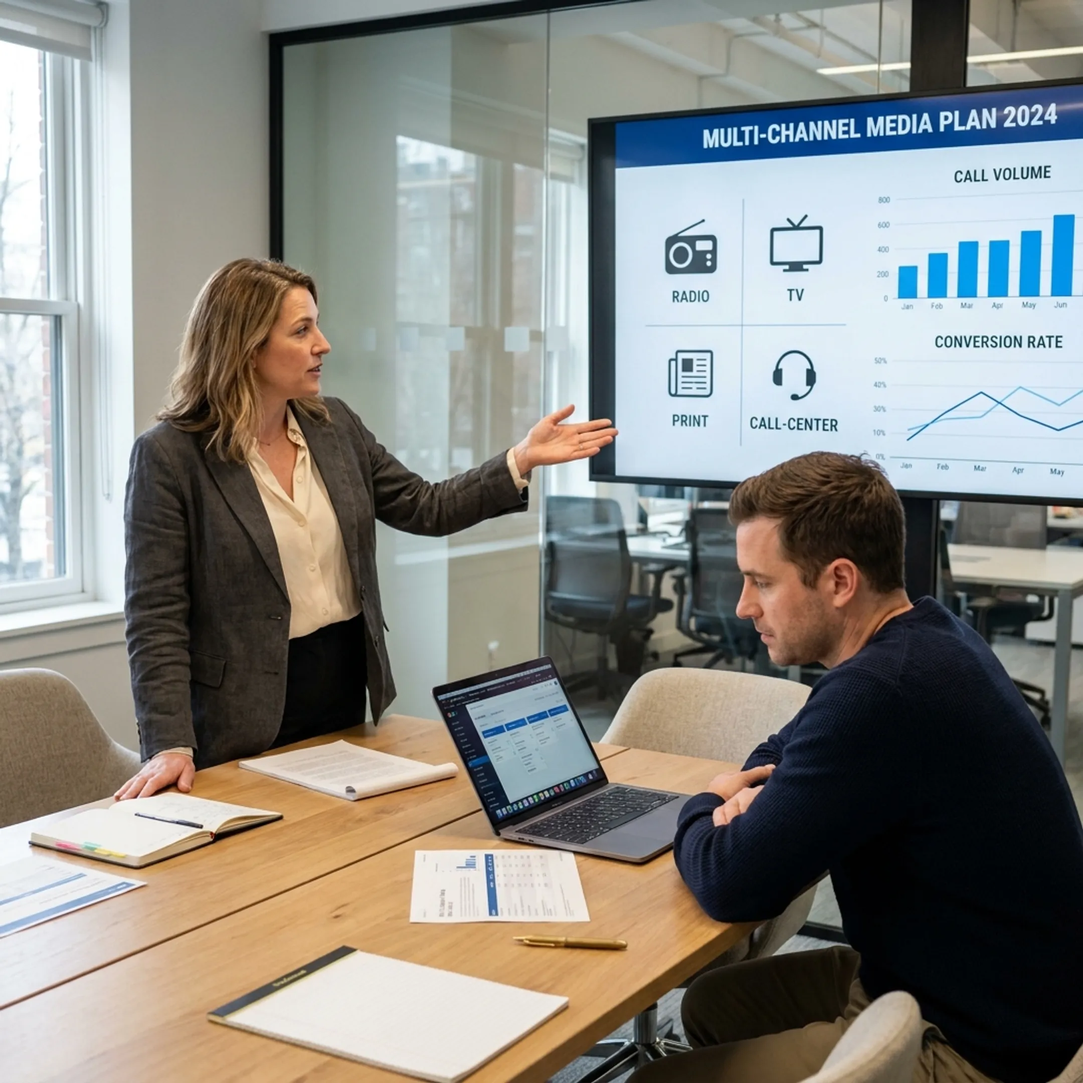 Strategist presenting a performance marketing plan with lead and call results