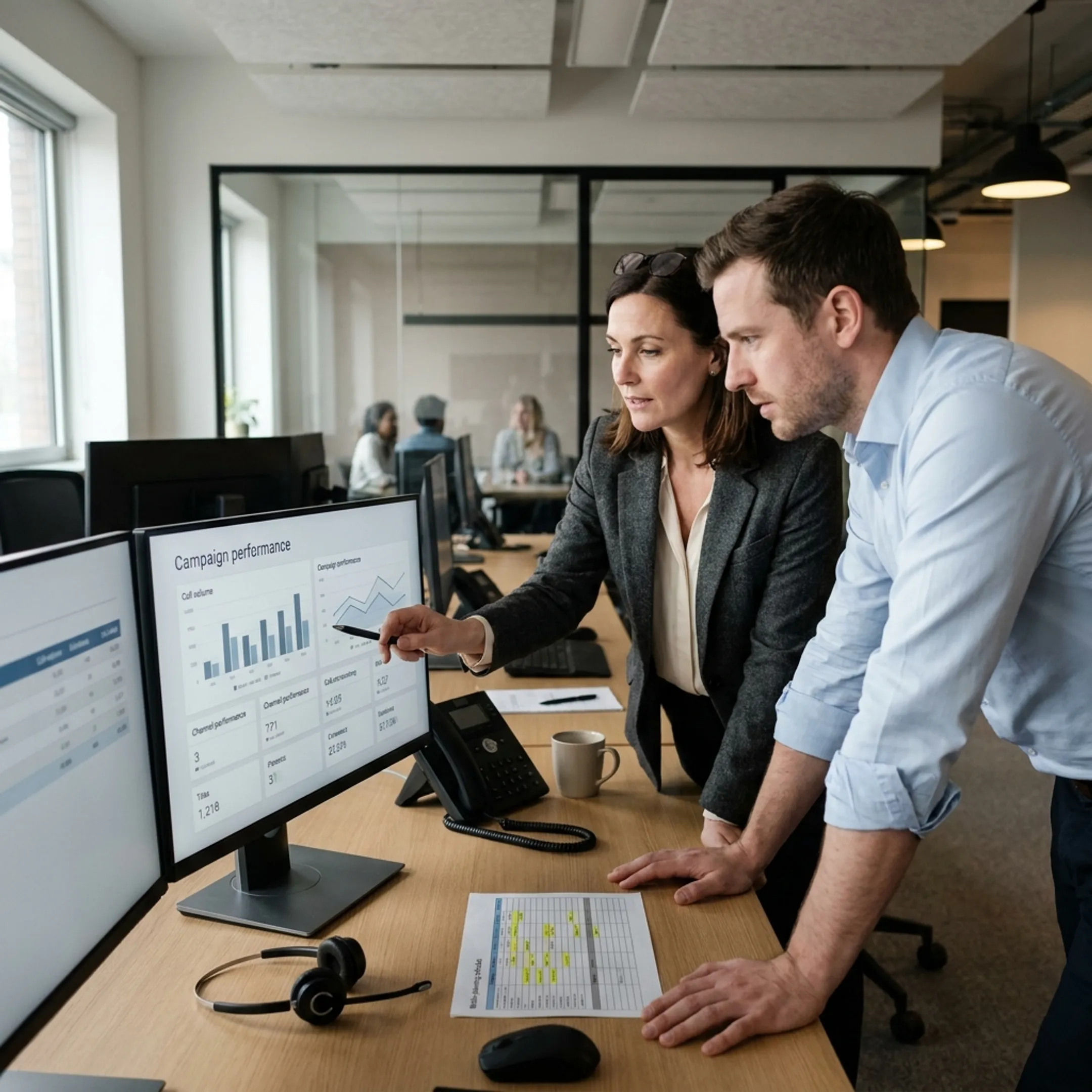Marketing team reviewing a multi-channel outbound campaign strategy
