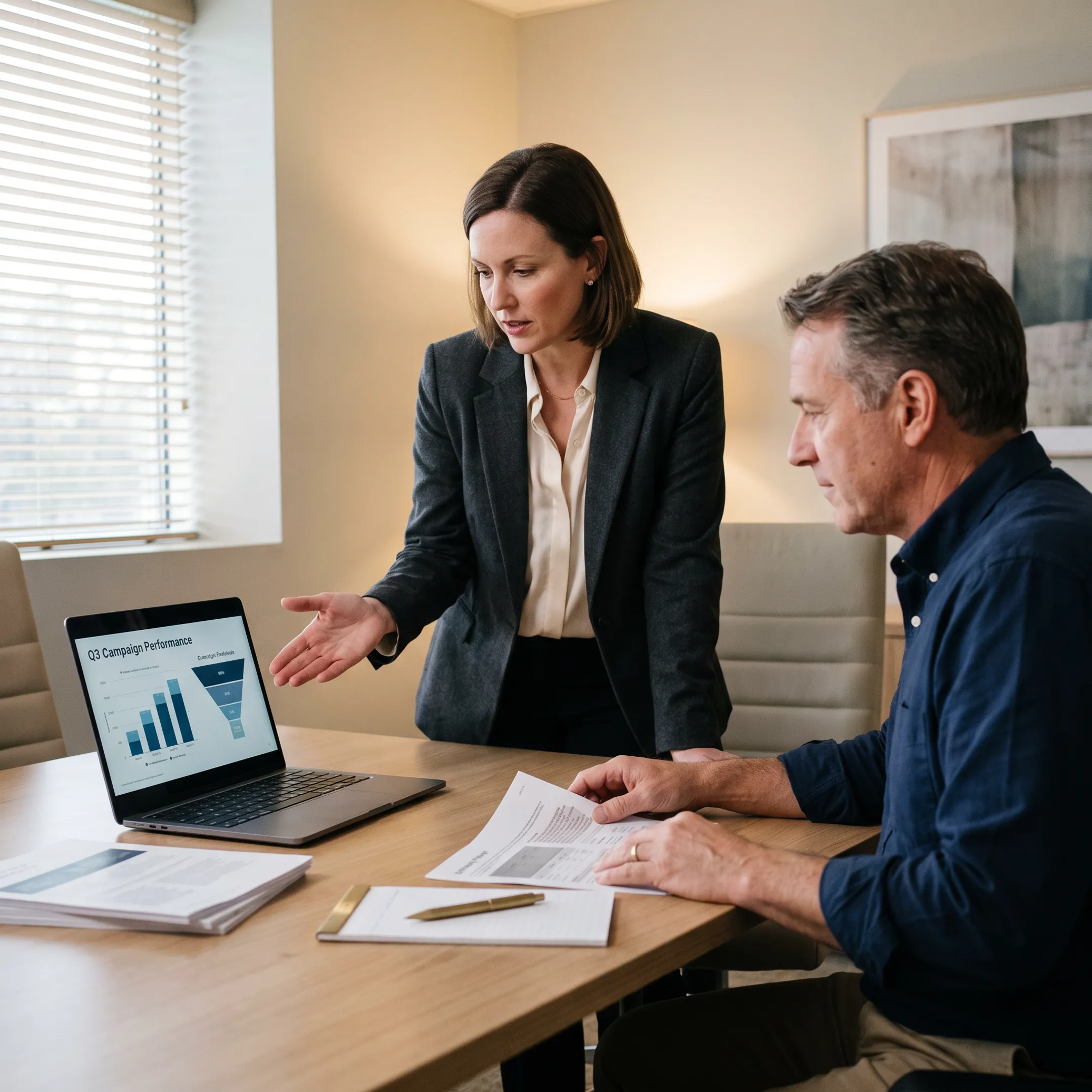Marketing strategist reviewing lead generation campaign performance with a client