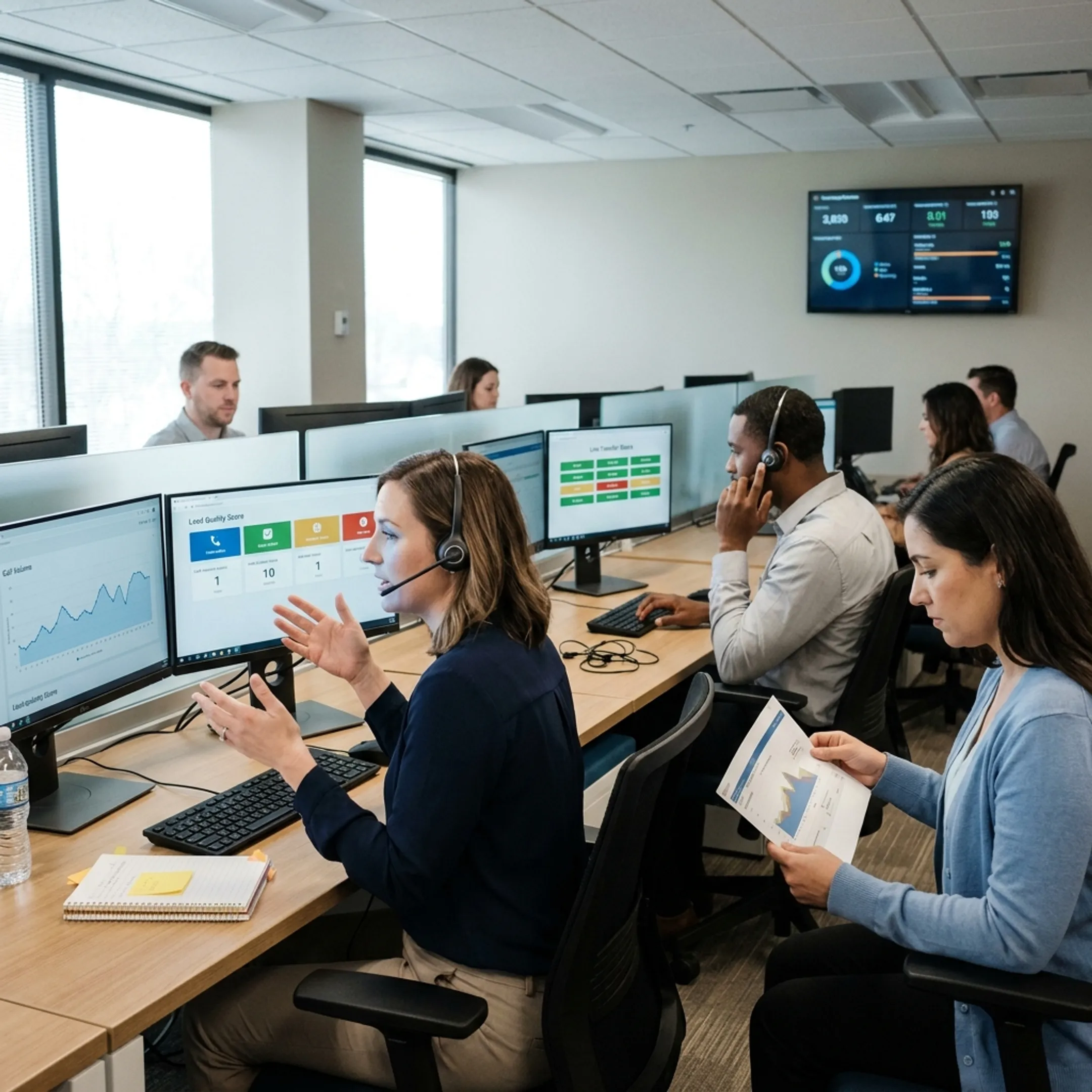 Call center professionals managing qualified leads and customer conversations
