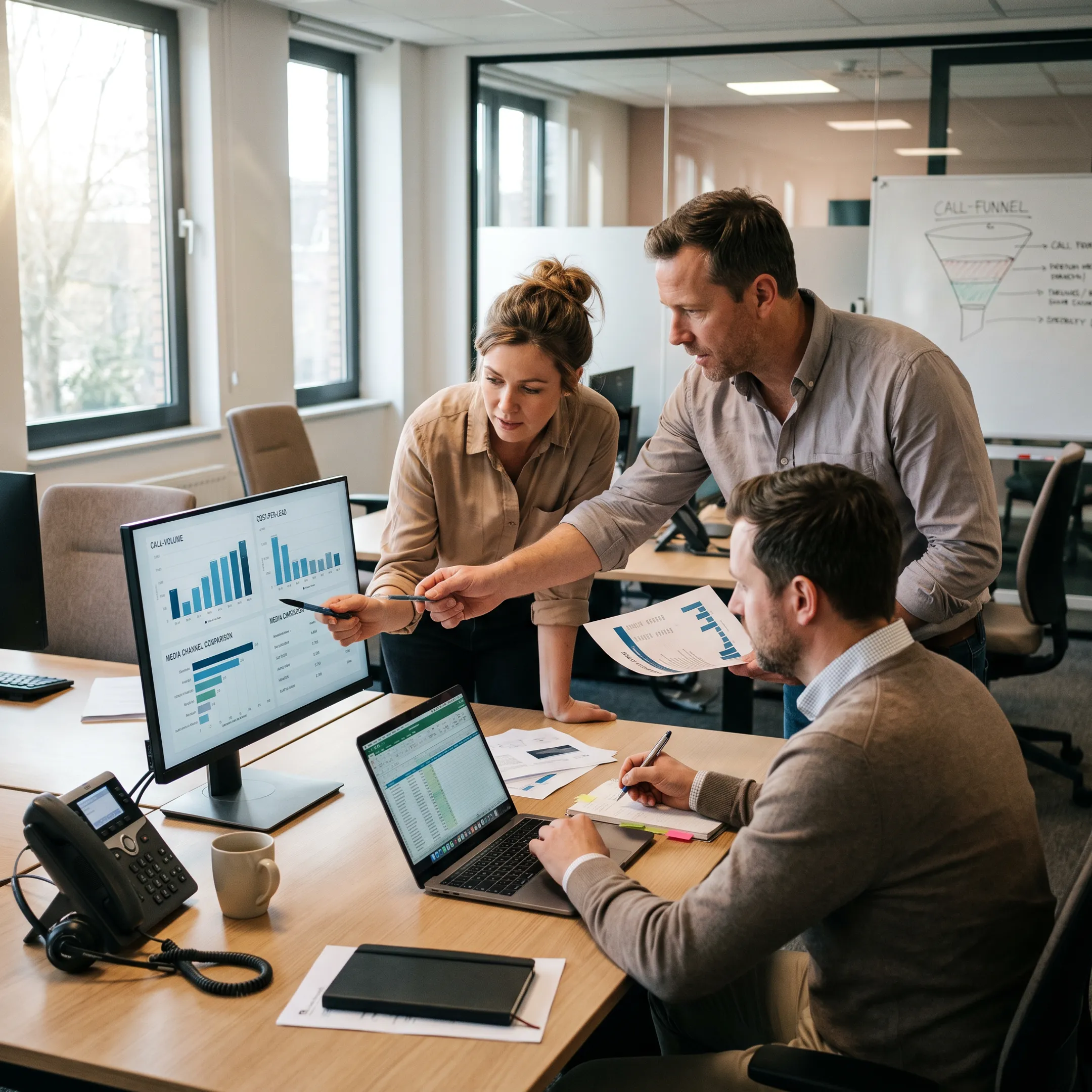 Marketing team reviewing a multi-channel campaign dashboard