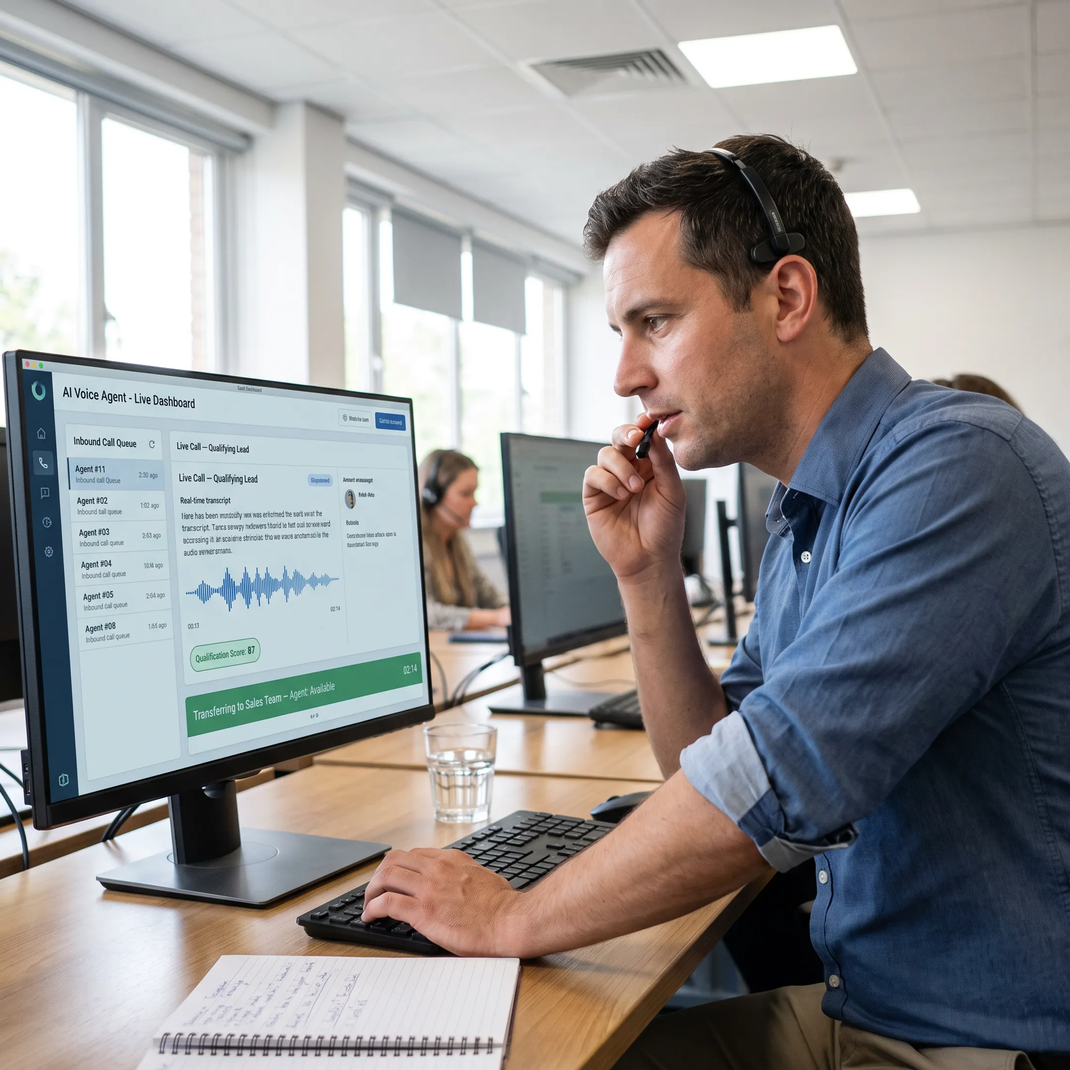 AI voice agent answering an urgent business call and connecting a qualified caller to a team