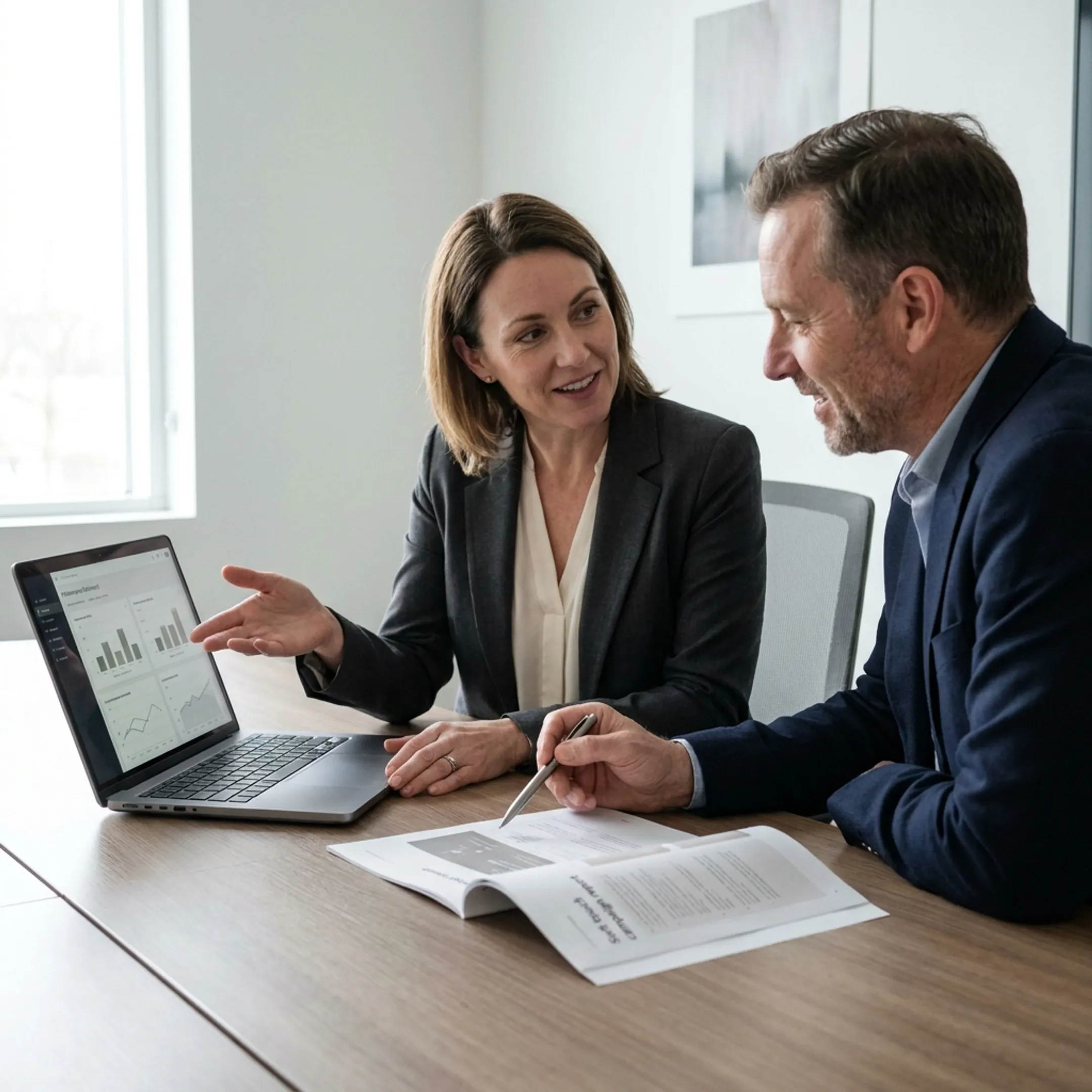 Marketing strategist reviewing lead generation campaign data with a client