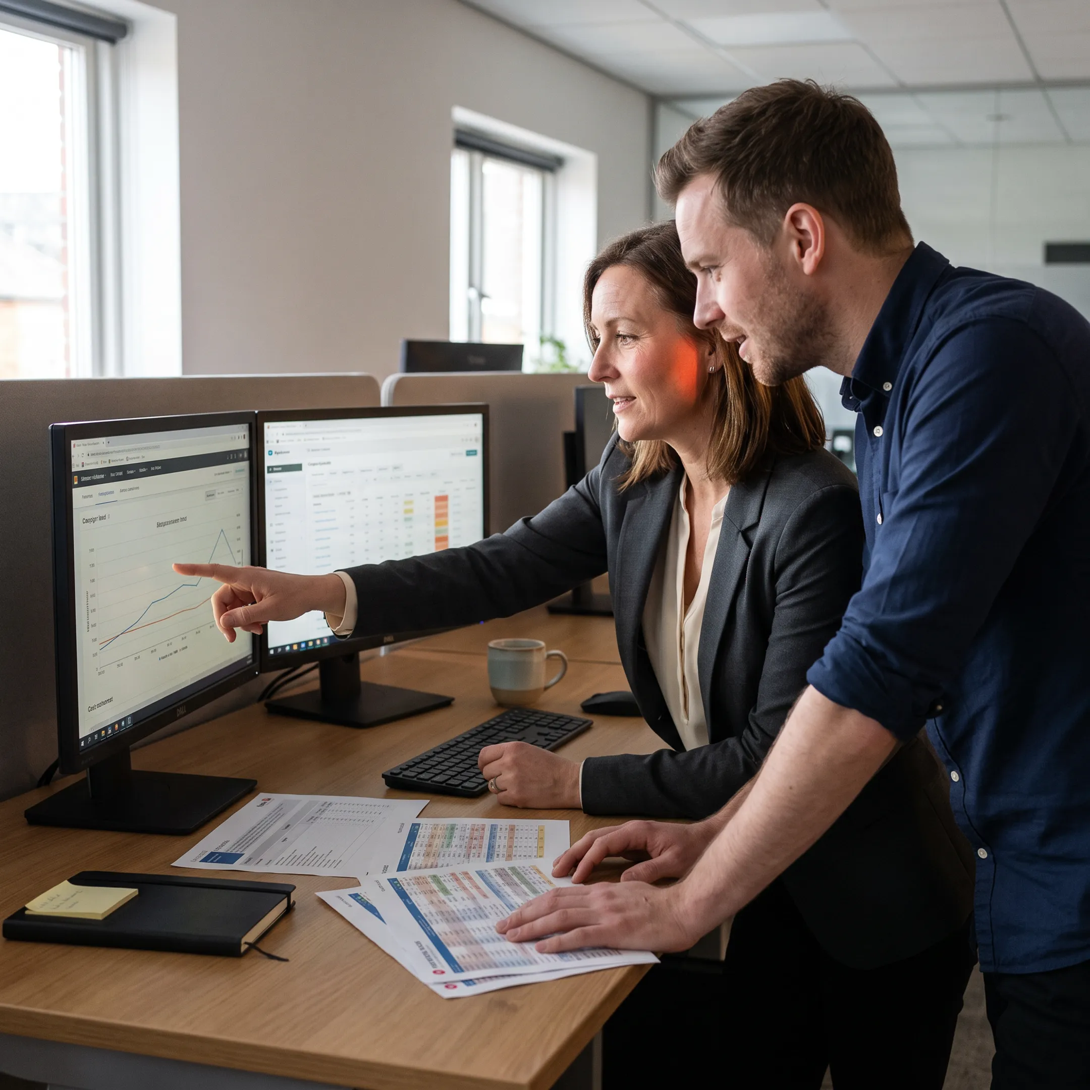 Marketing advisors reviewing a multi-channel performance campaign dashboard