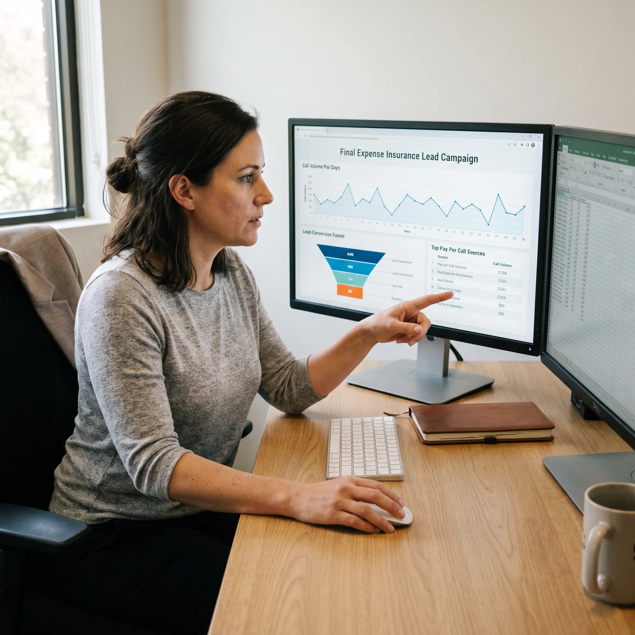 Insurance marketing professional reviewing final expense lead campaign data