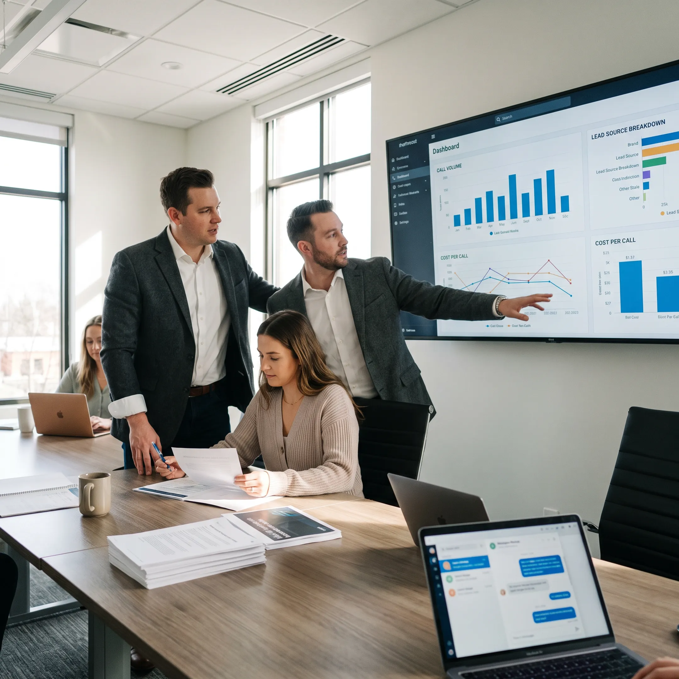 Marketing team reviewing performance-based advertising campaign results