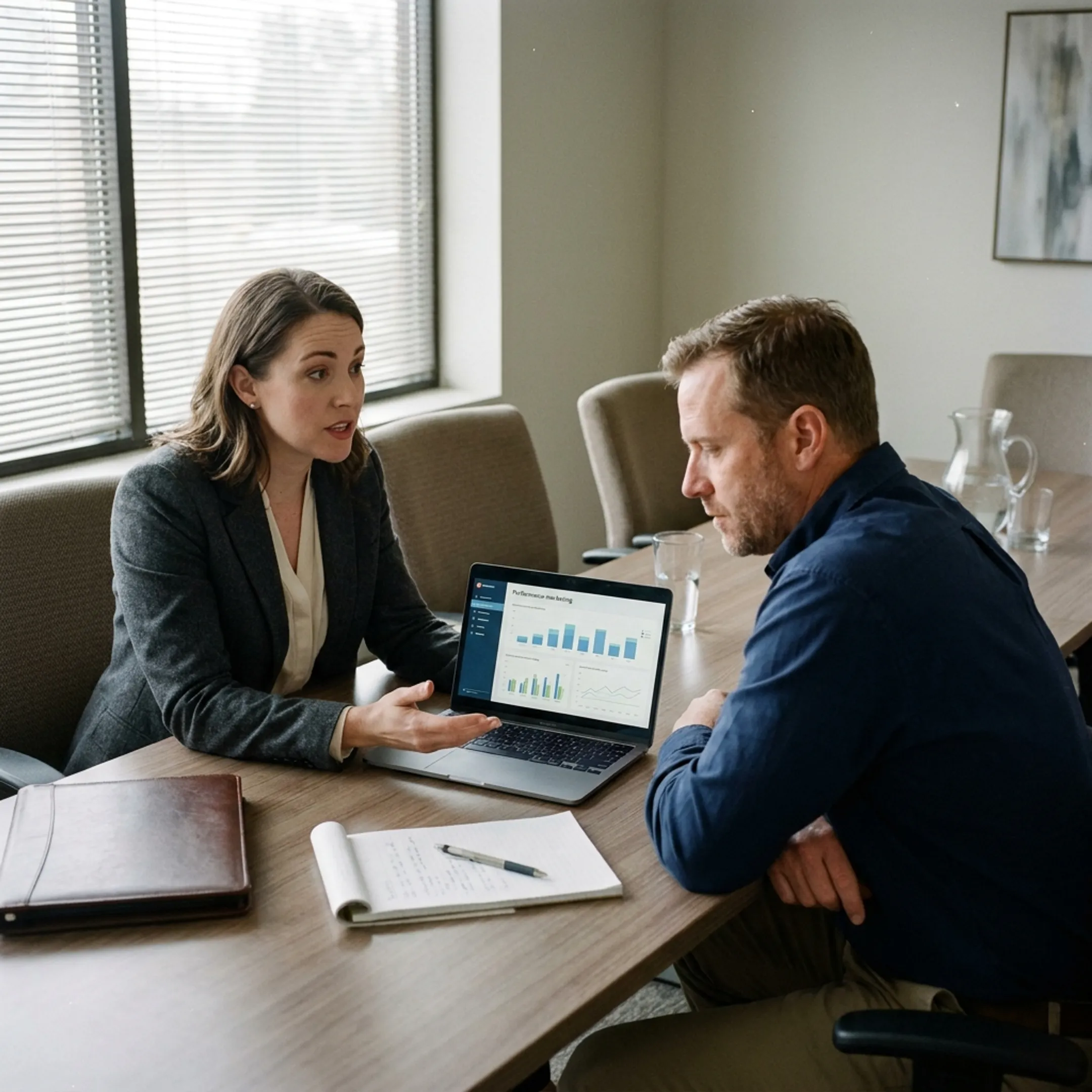 Marketing strategist reviewing window replacement lead campaign results