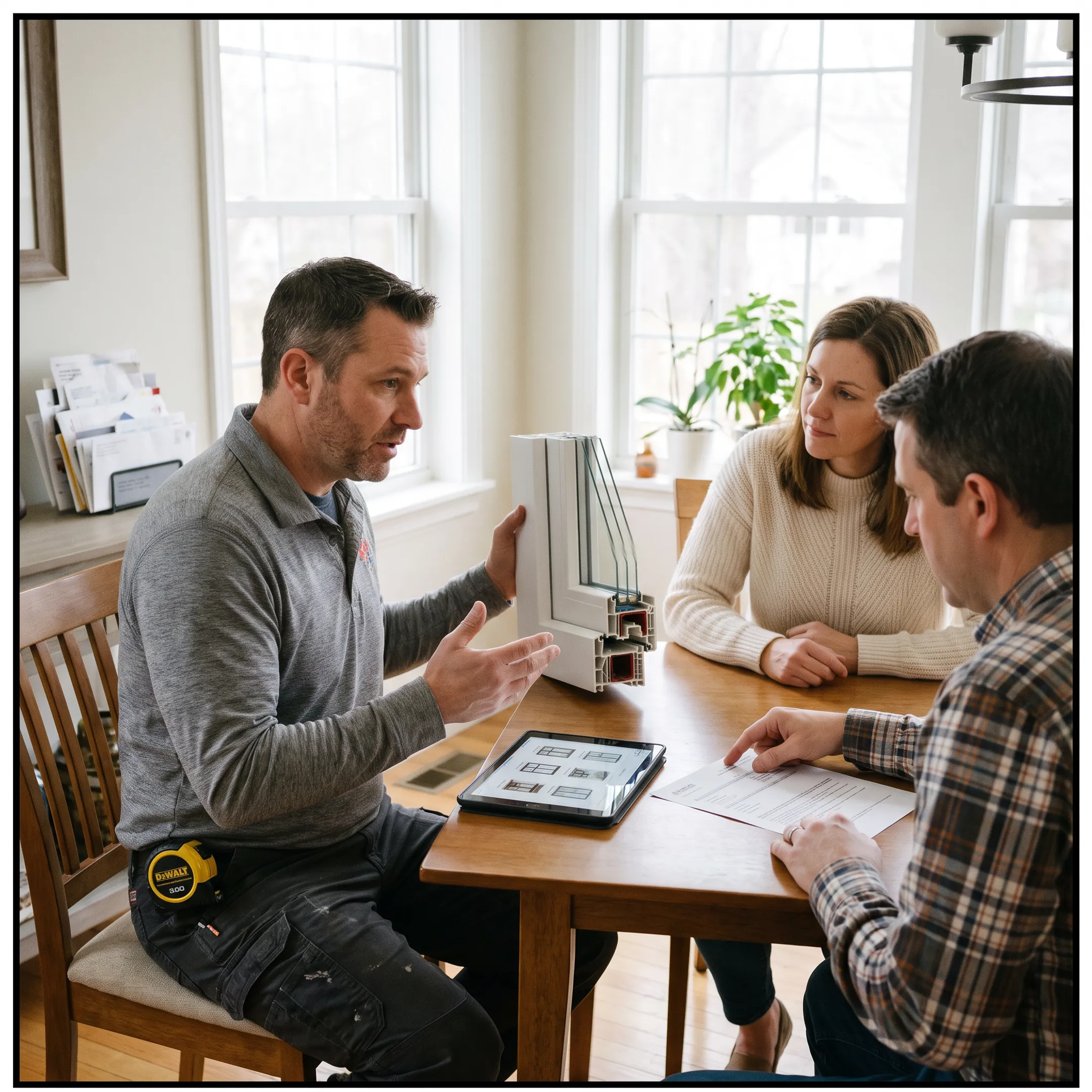 Window replacement contractor speaking with a homeowner about a new project