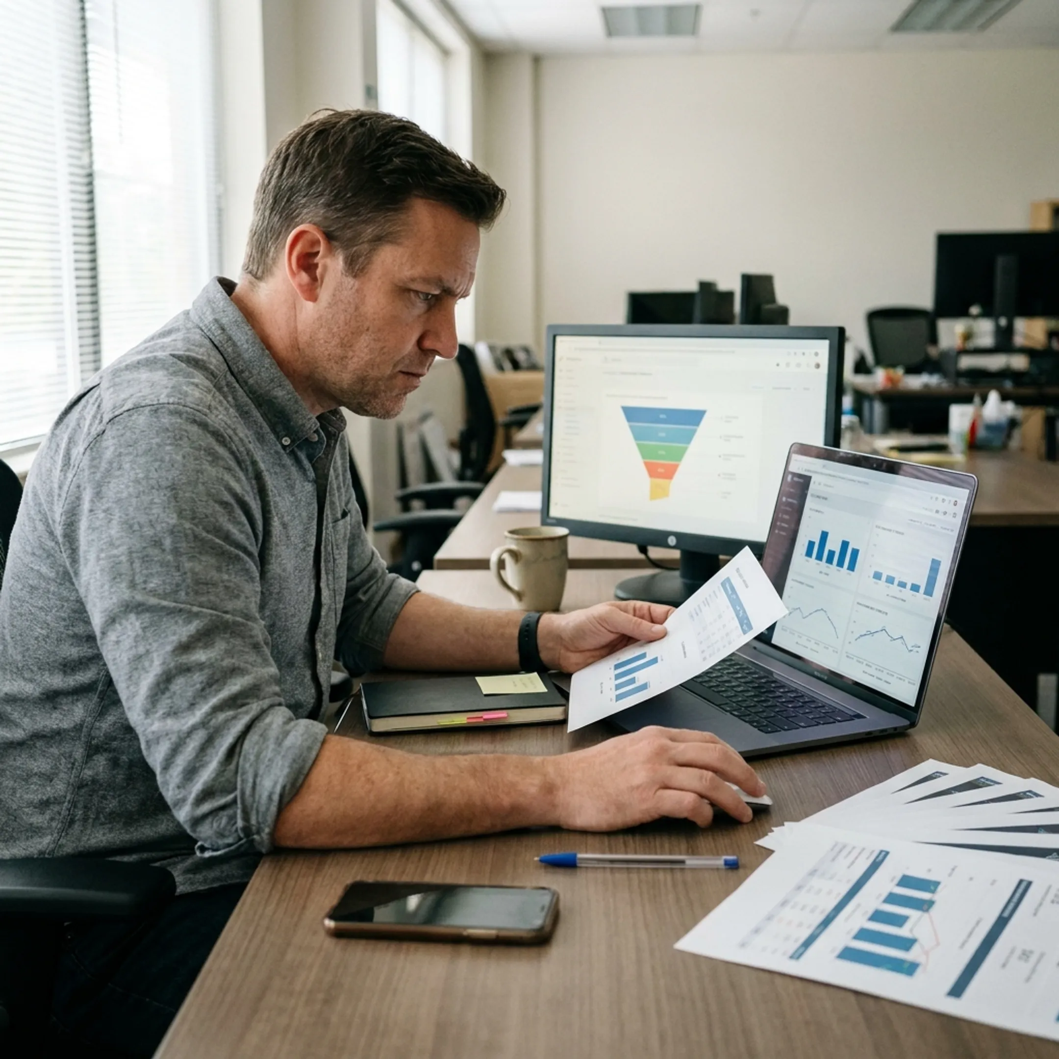 Strategist analyzing performance media campaign results on a computer