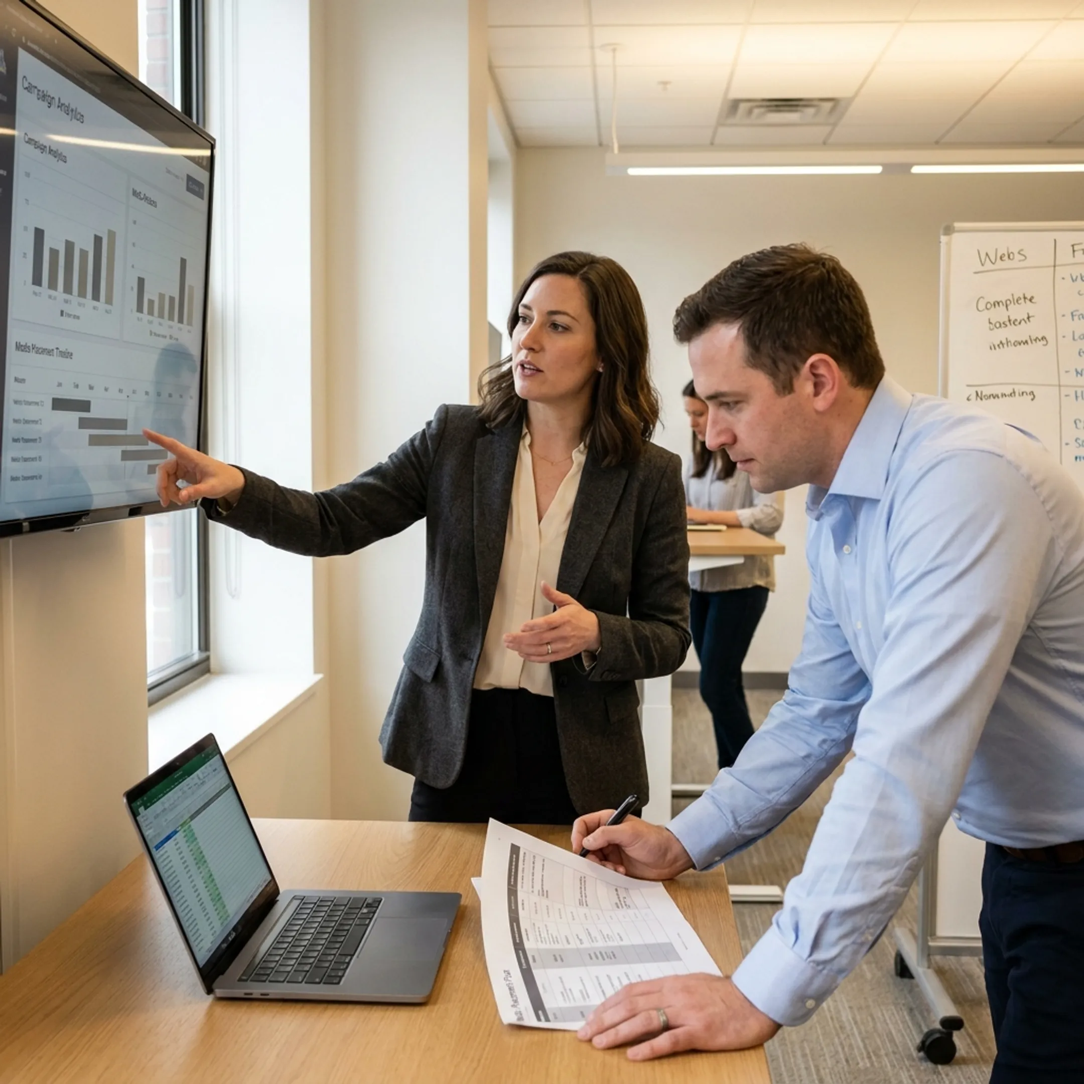 Media placement team reviewing multi-channel advertising campaign performance