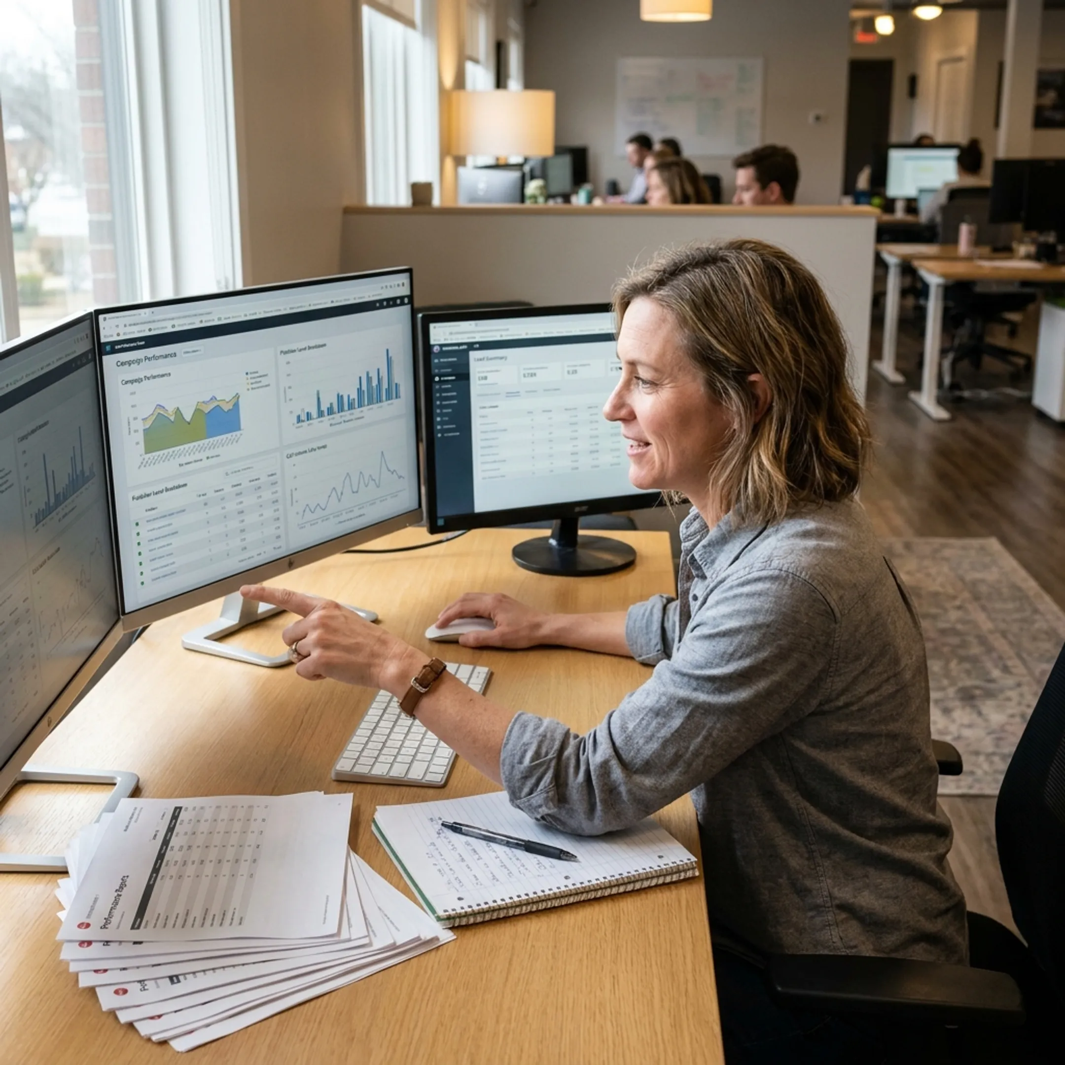 Marketing strategist analyzing media placement and qualified lead campaign results