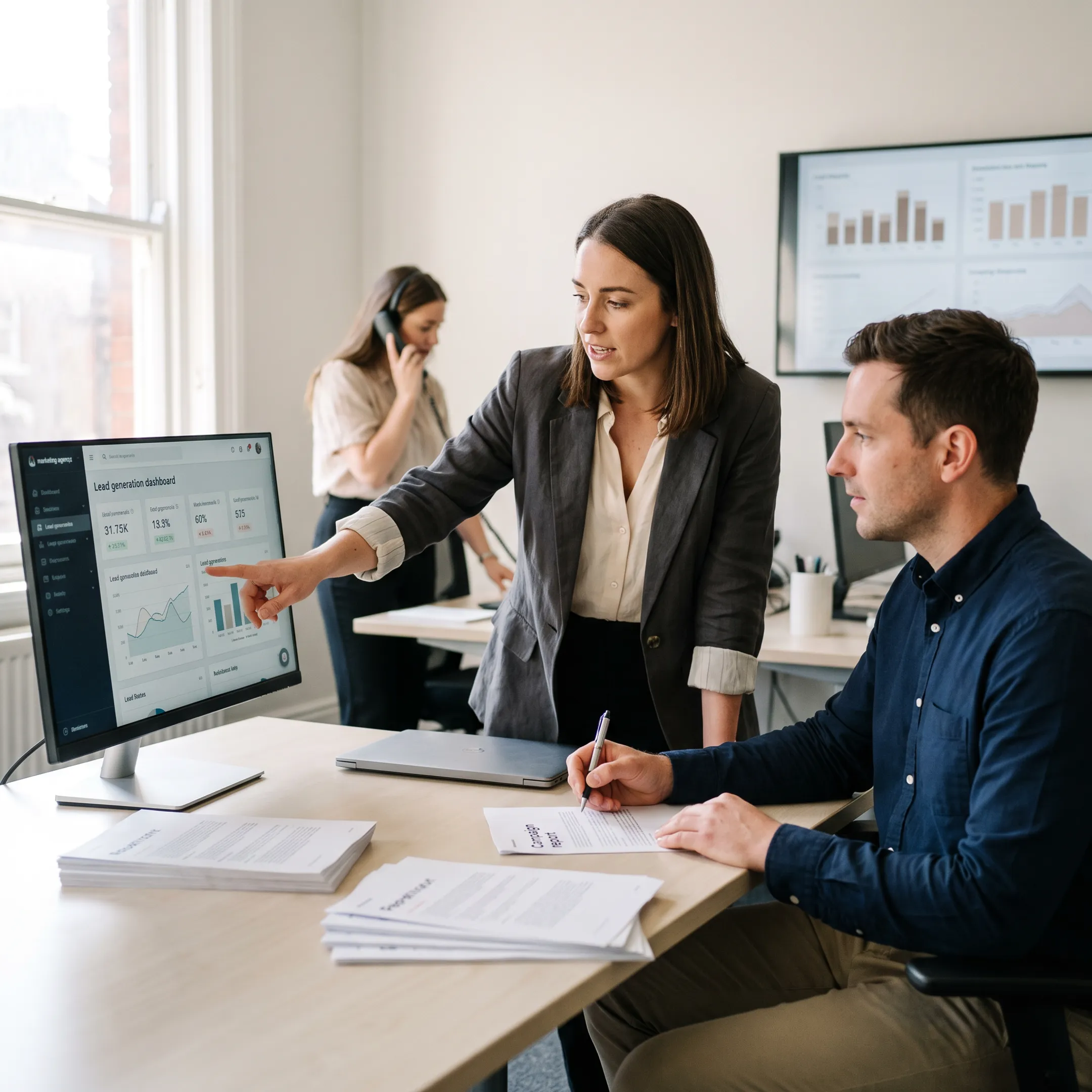 Marketing team reviewing qualified lead generation campaign data
