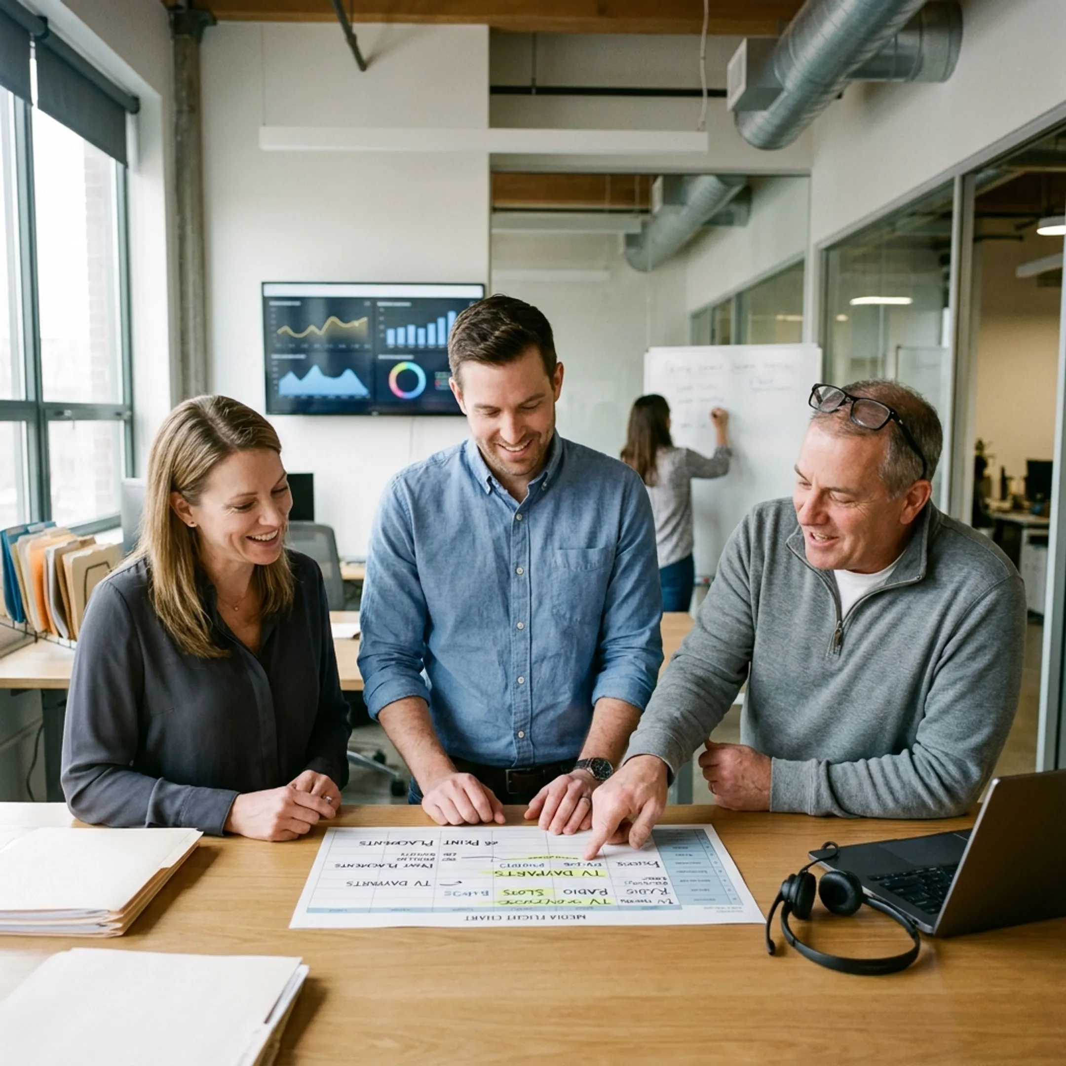 Television advertising campaign strategy session with performance marketing specialists
