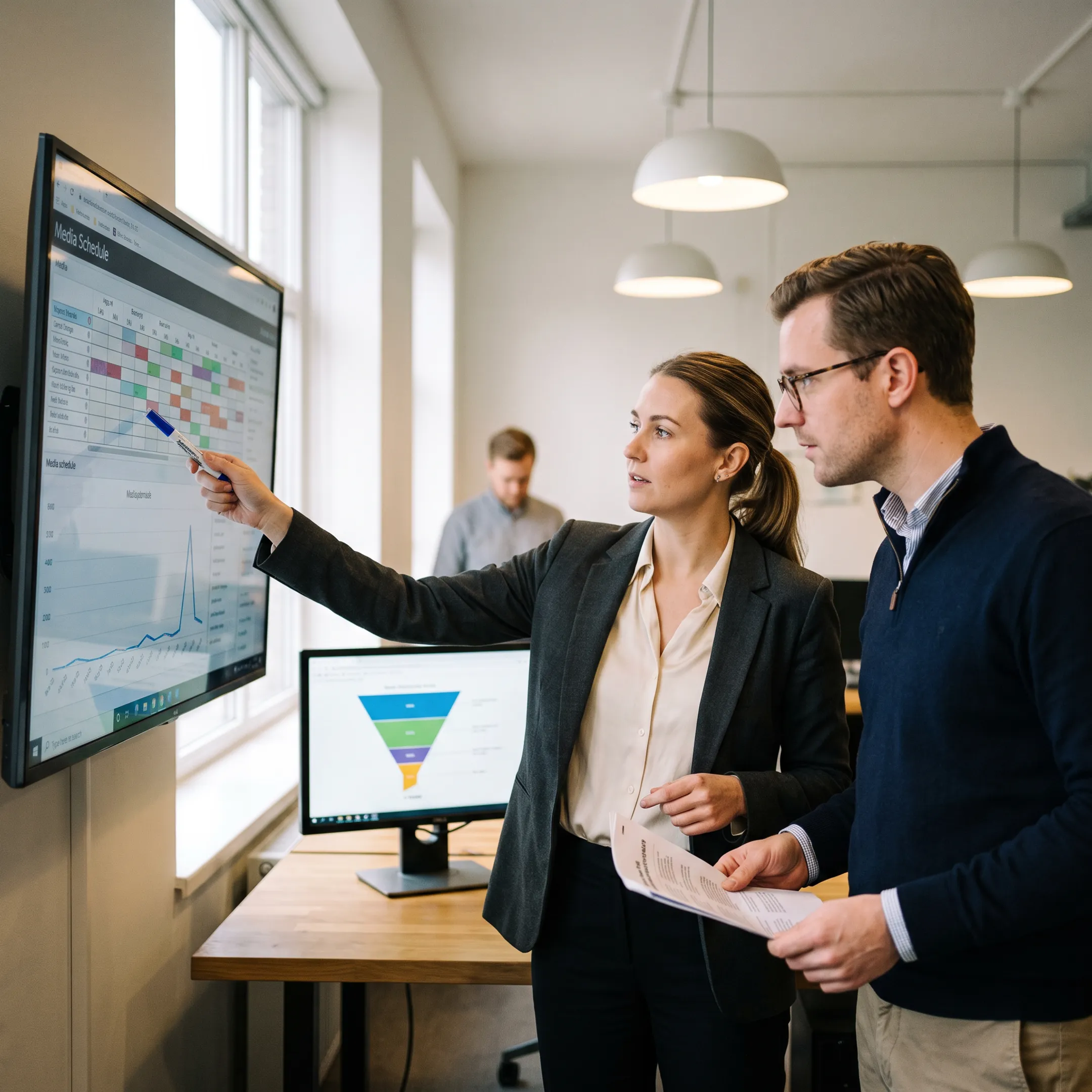 Marketing team reviewing a television advertising campaign on a media planning dashboard