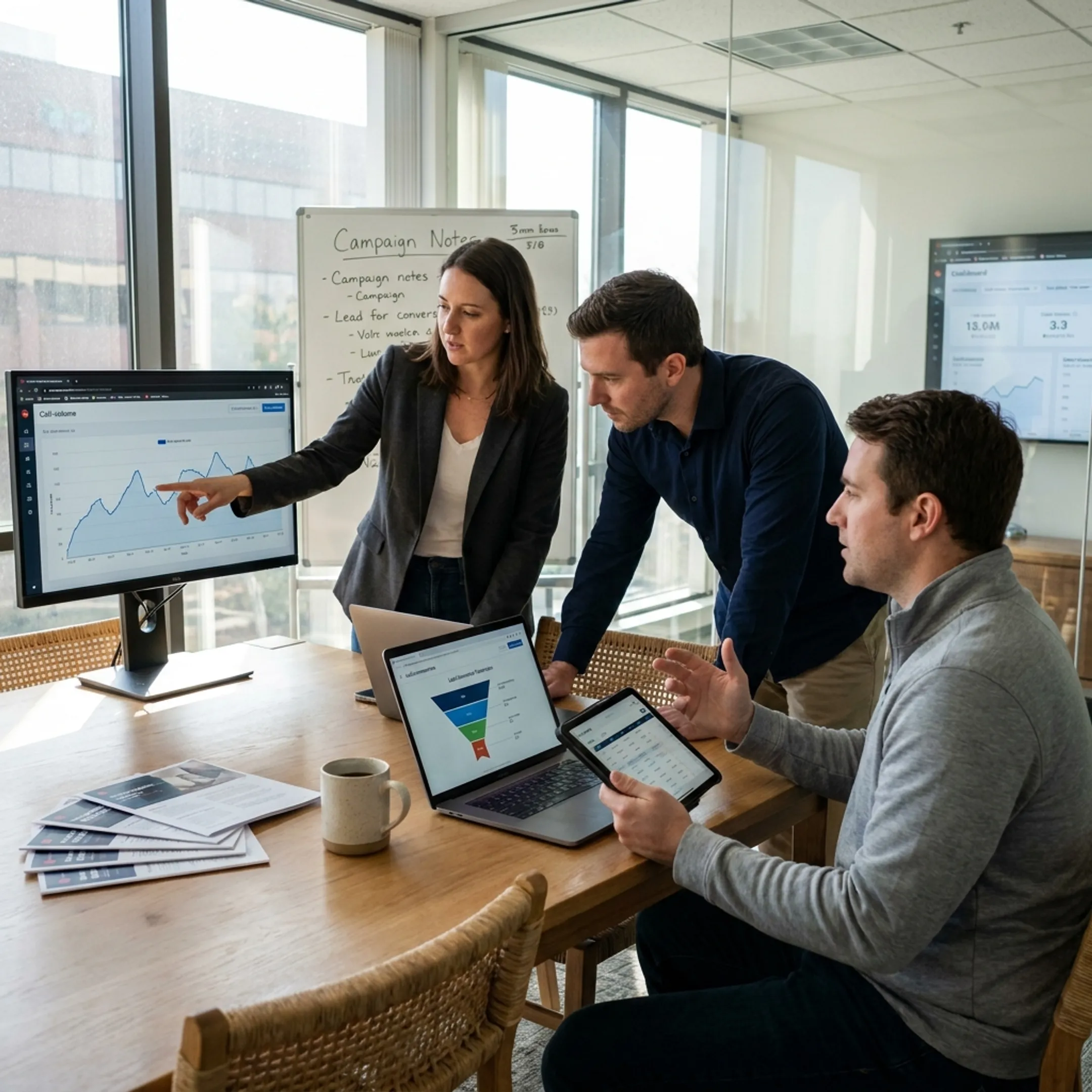 Marketing team reviewing SSDI lead generation campaign results and call transfer strategy