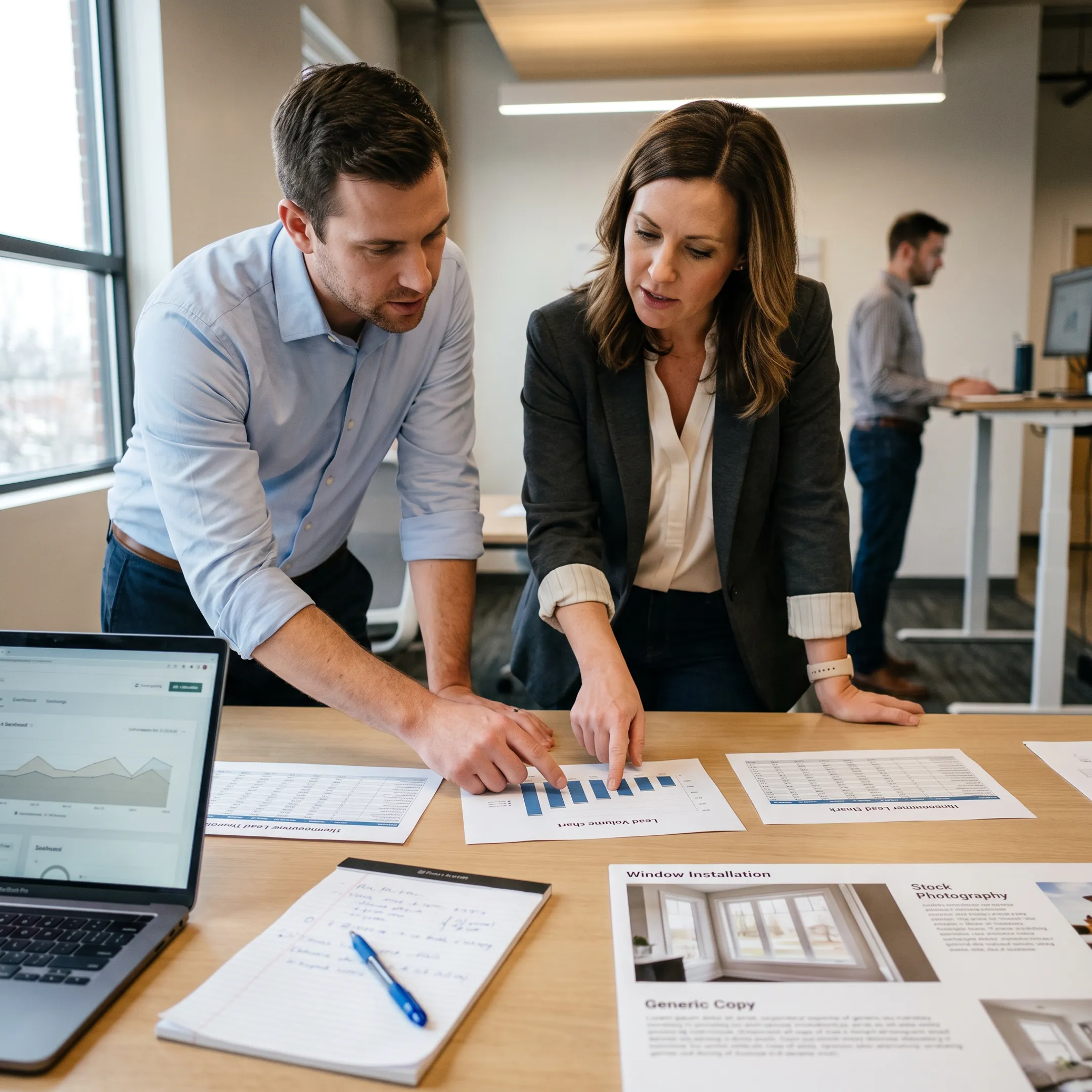 Marketing team reviewing window and door campaign performance data