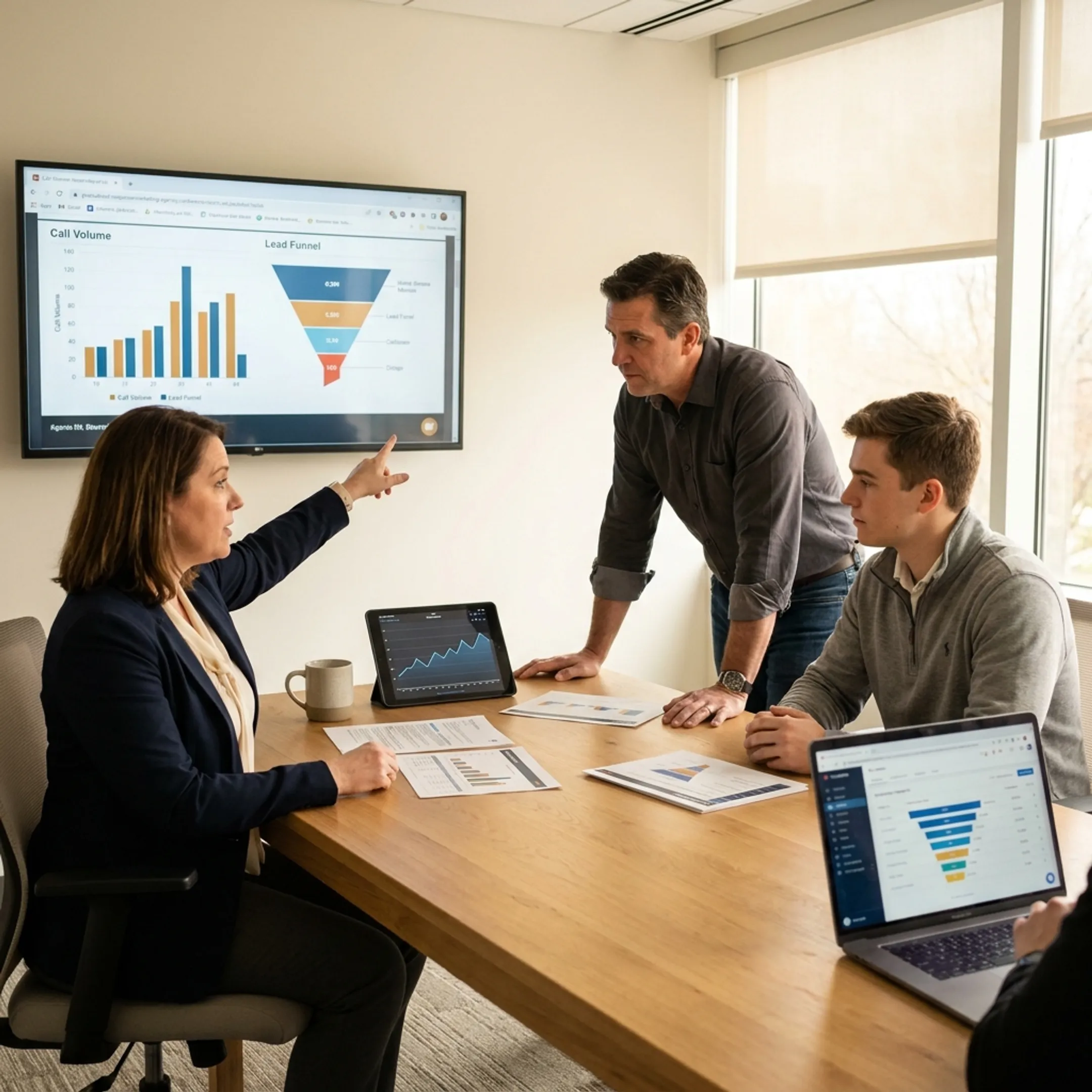 Marketing team reviewing tax resolution lead campaign performance