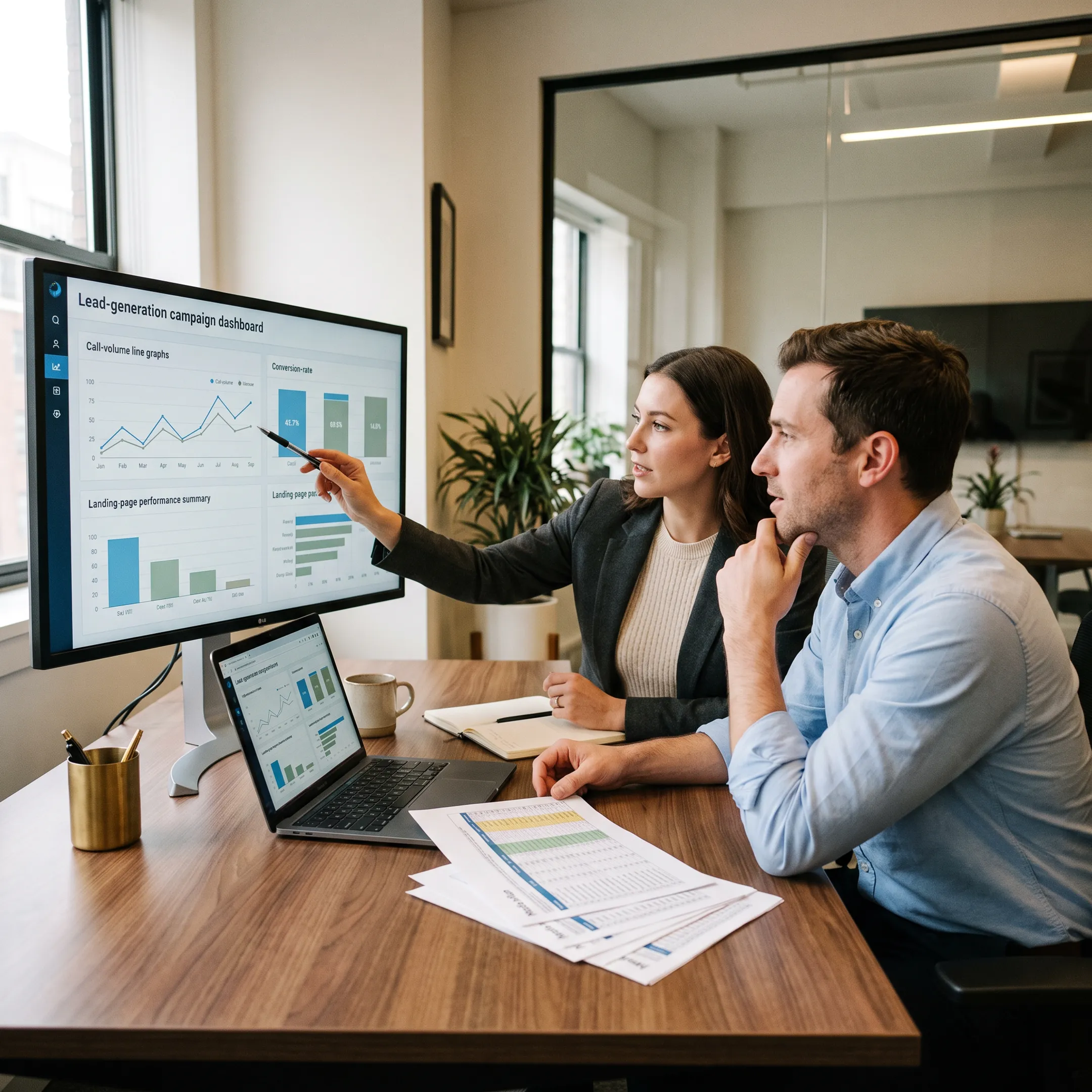 Marketing team reviewing lead generation campaign performance on digital screens