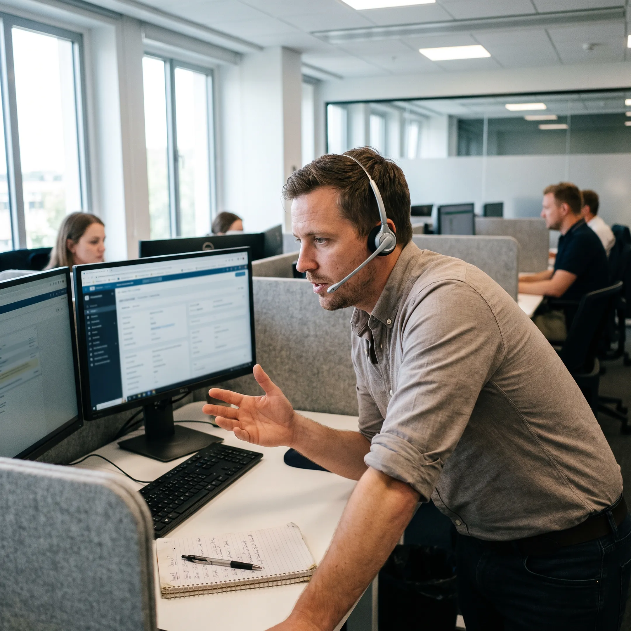 Call center representative speaking with a debt settlement prospect during a live transfer