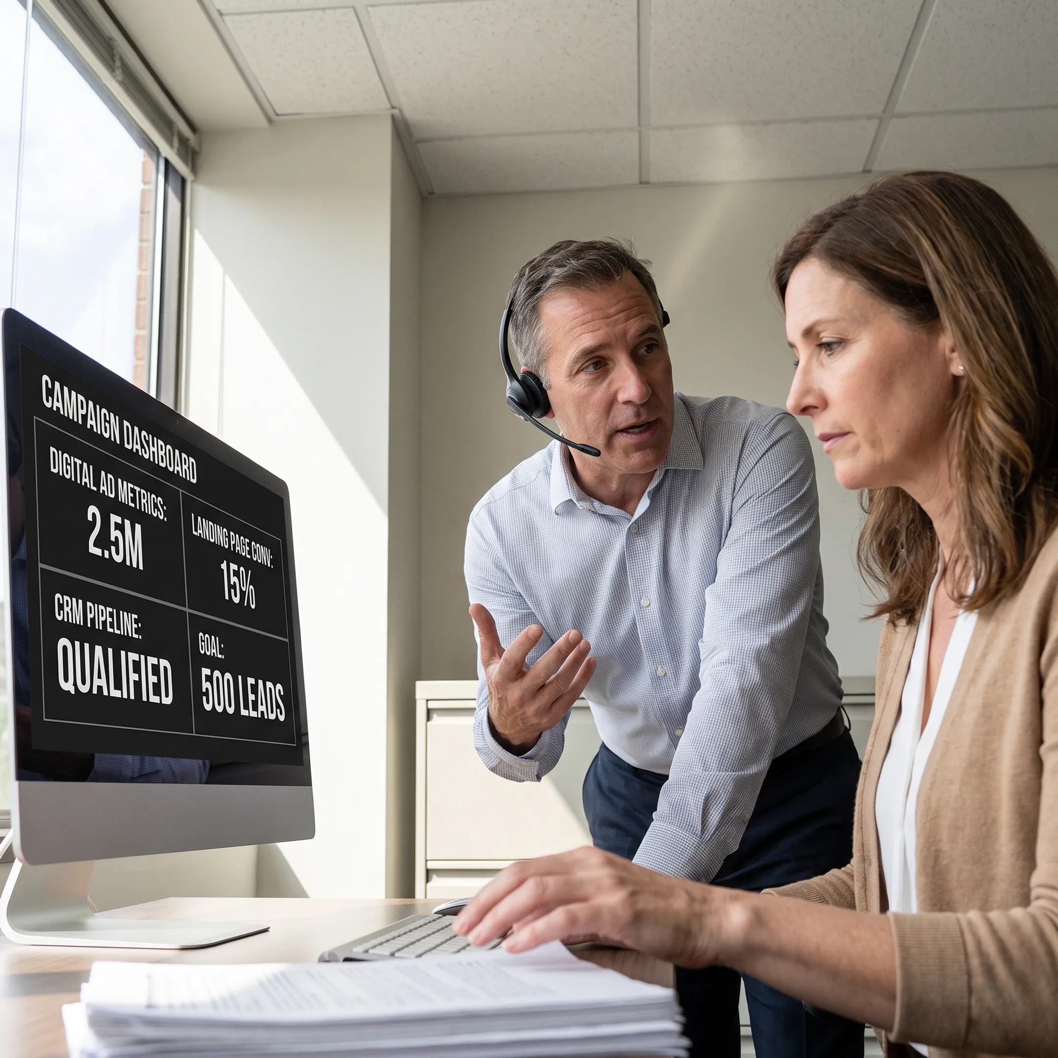 Lead generation specialists planning a performance-based campaign with digital and call center touchpoints