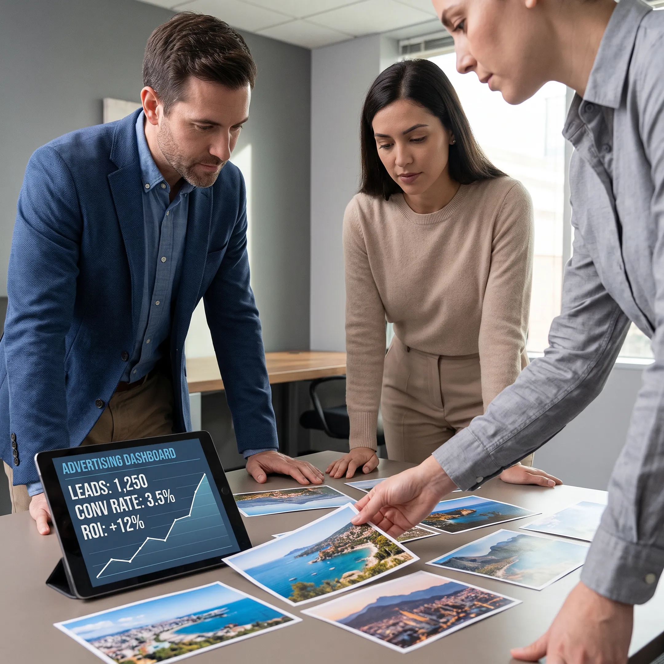 Marketing team reviewing a tourism campaign with travel imagery and performance data
