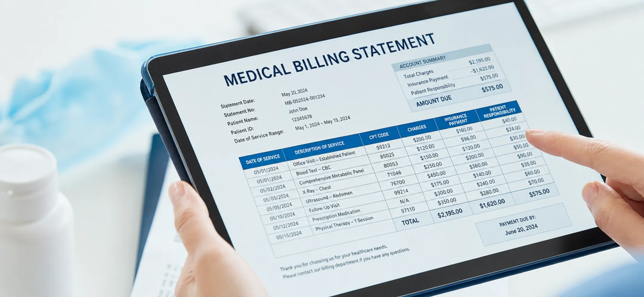 Patient reviewing clear itemized medical billing statement on digital device