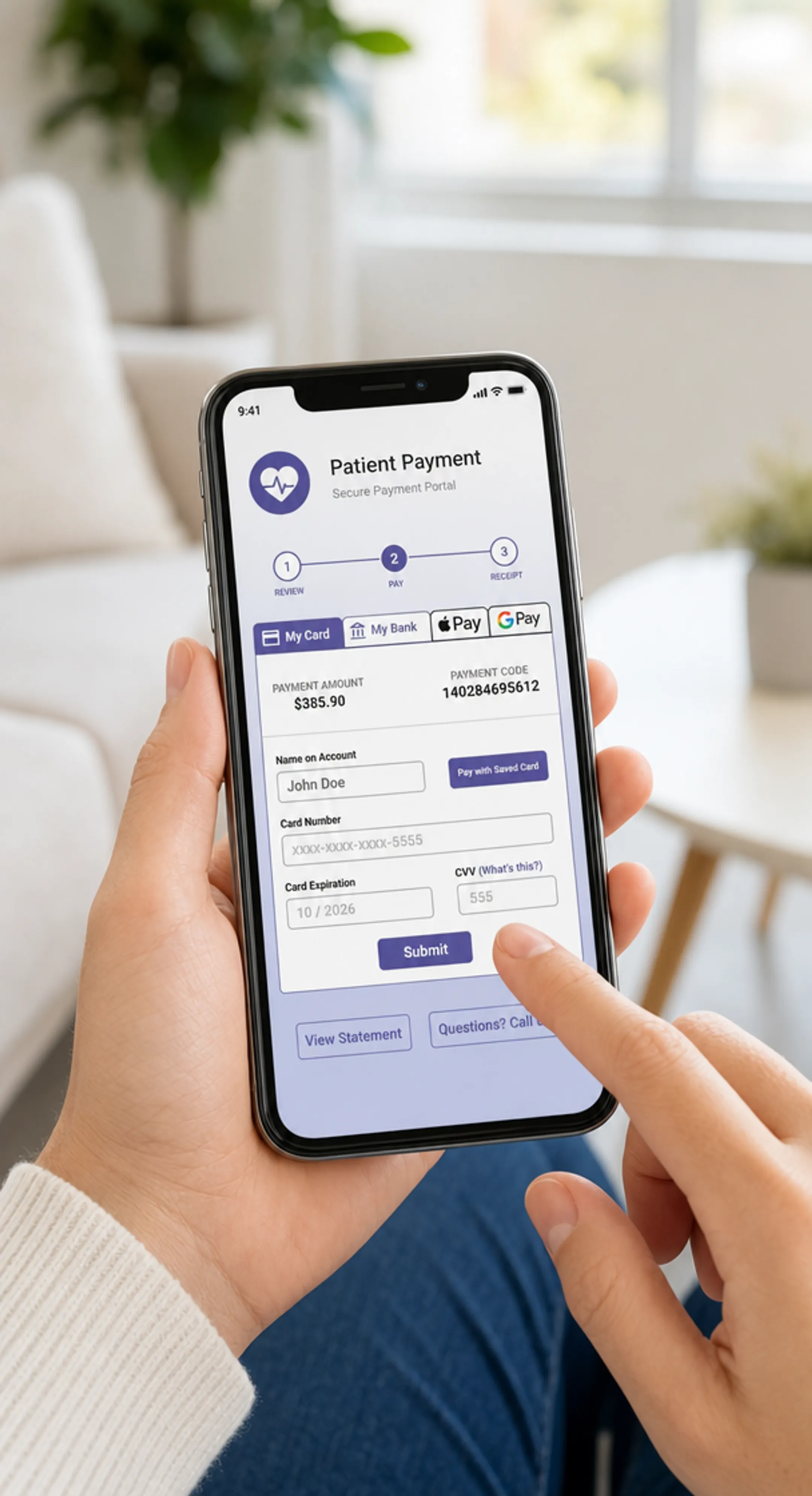 Patient using smartphone to complete digital medical bill payment