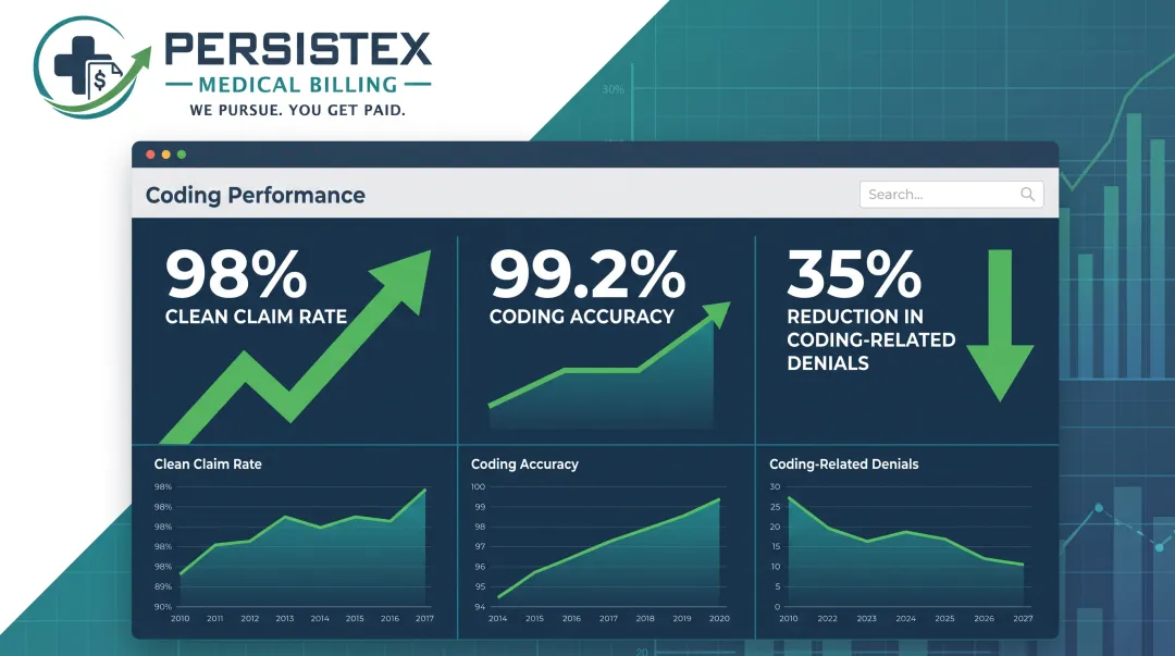 Persistex coding dashboard displaying clean claim rate and accuracy metrics