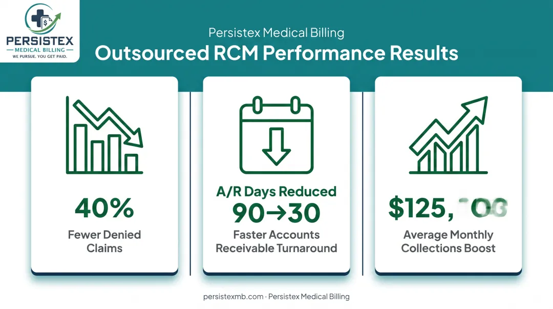 Outsourced RCM client results showing denial reduction and revenue growth