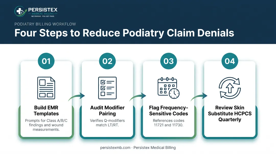 Four-step denial prevention workflow for podiatry billing practices