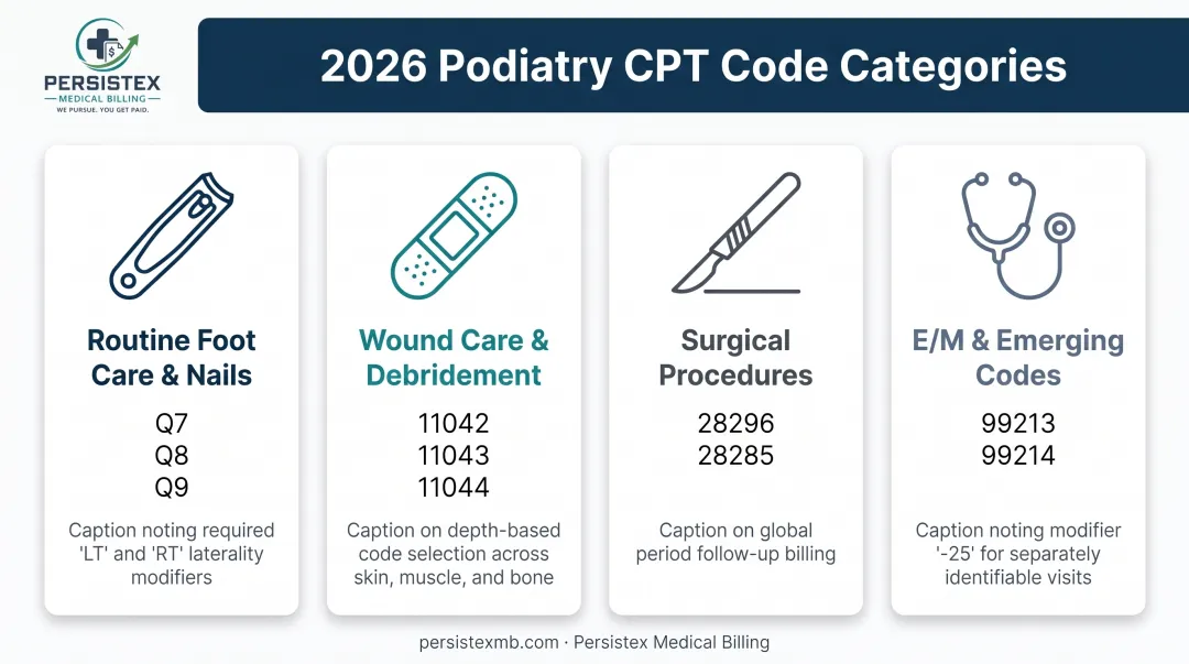 Four podiatry CPT code categories with required modifiers overview chart