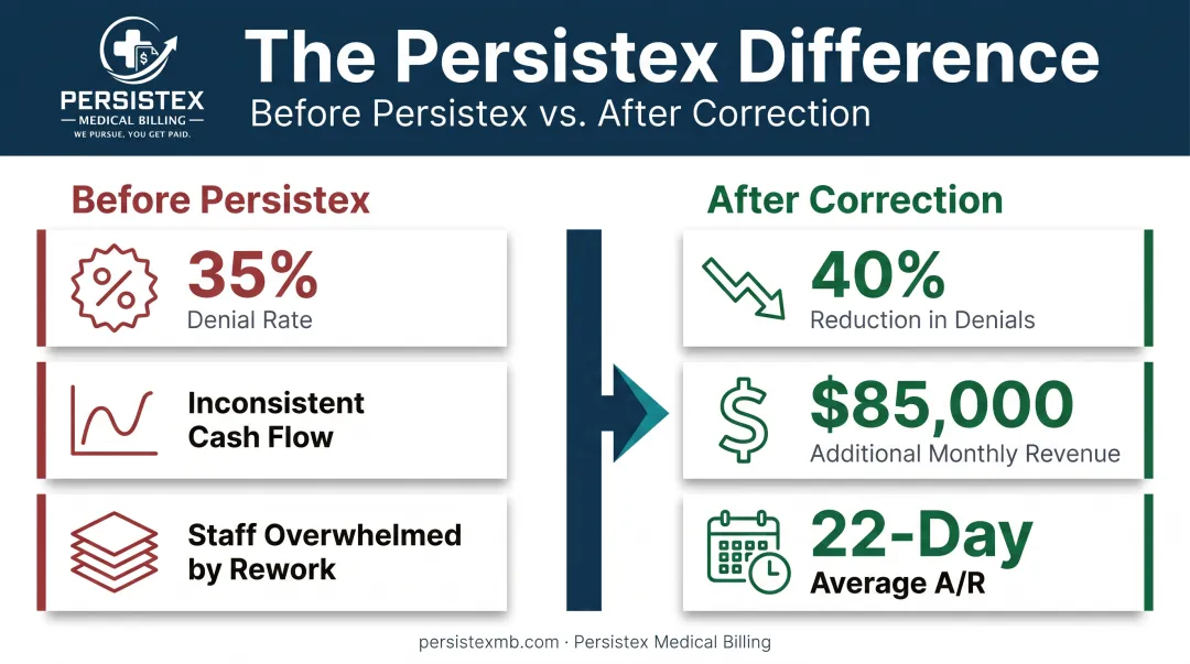 Before and after billing audit results showing denial rate and revenue improvement