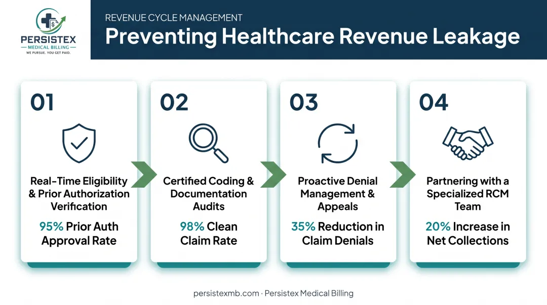 Four-step healthcare revenue leakage prevention framework infographic