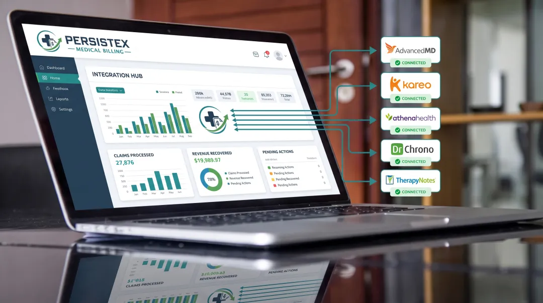 Medical billing dashboard showing integration with major EHR platforms
