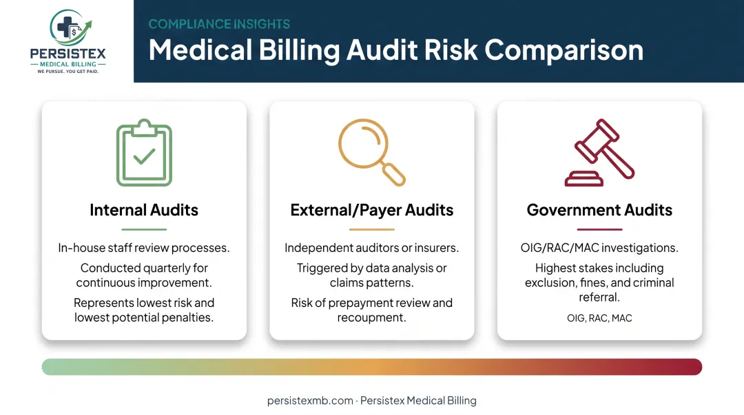 Comparison of internal external and government billing compliance audit types