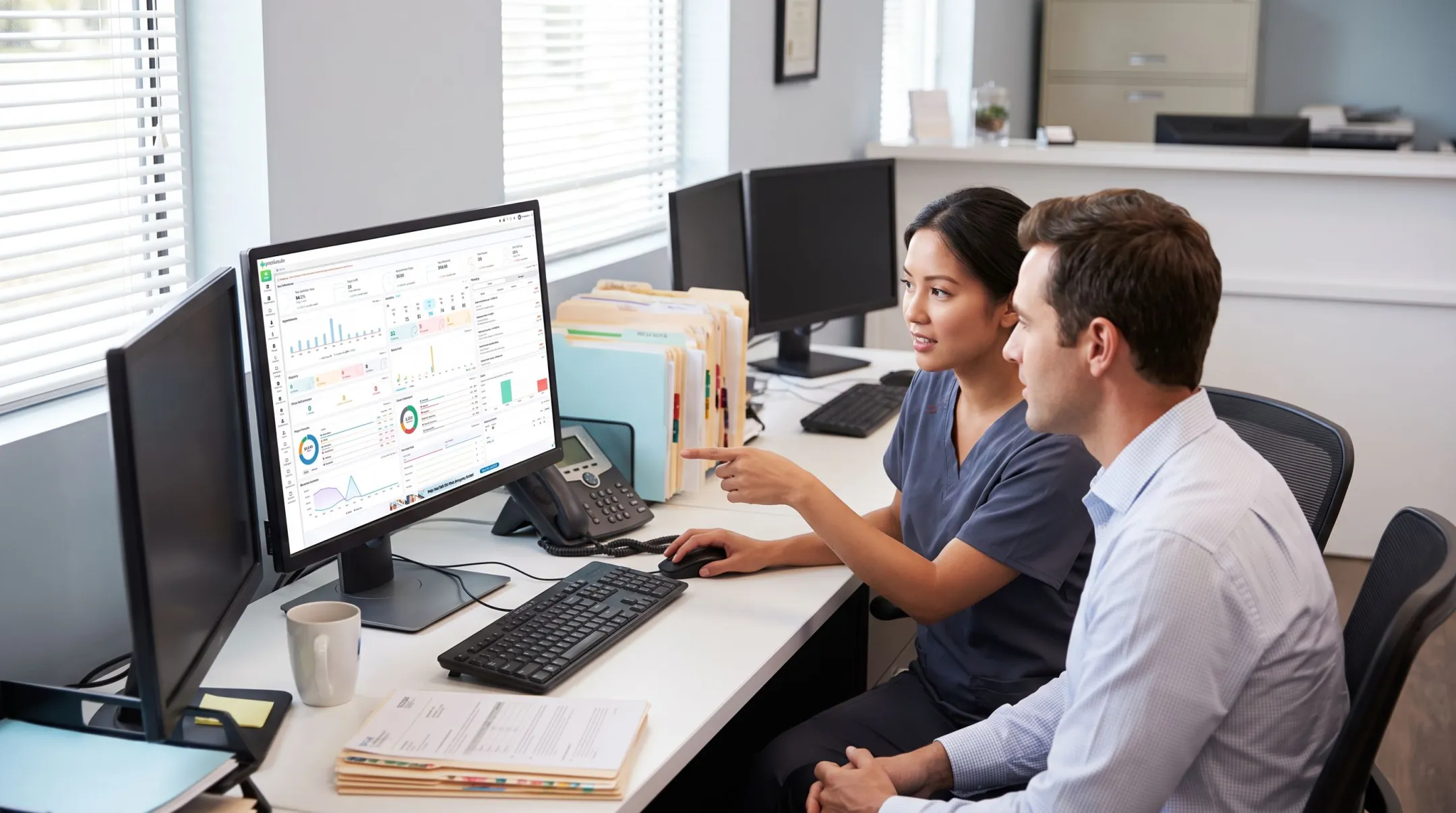 Medical office staff using EHR-integrated billing software platform interface